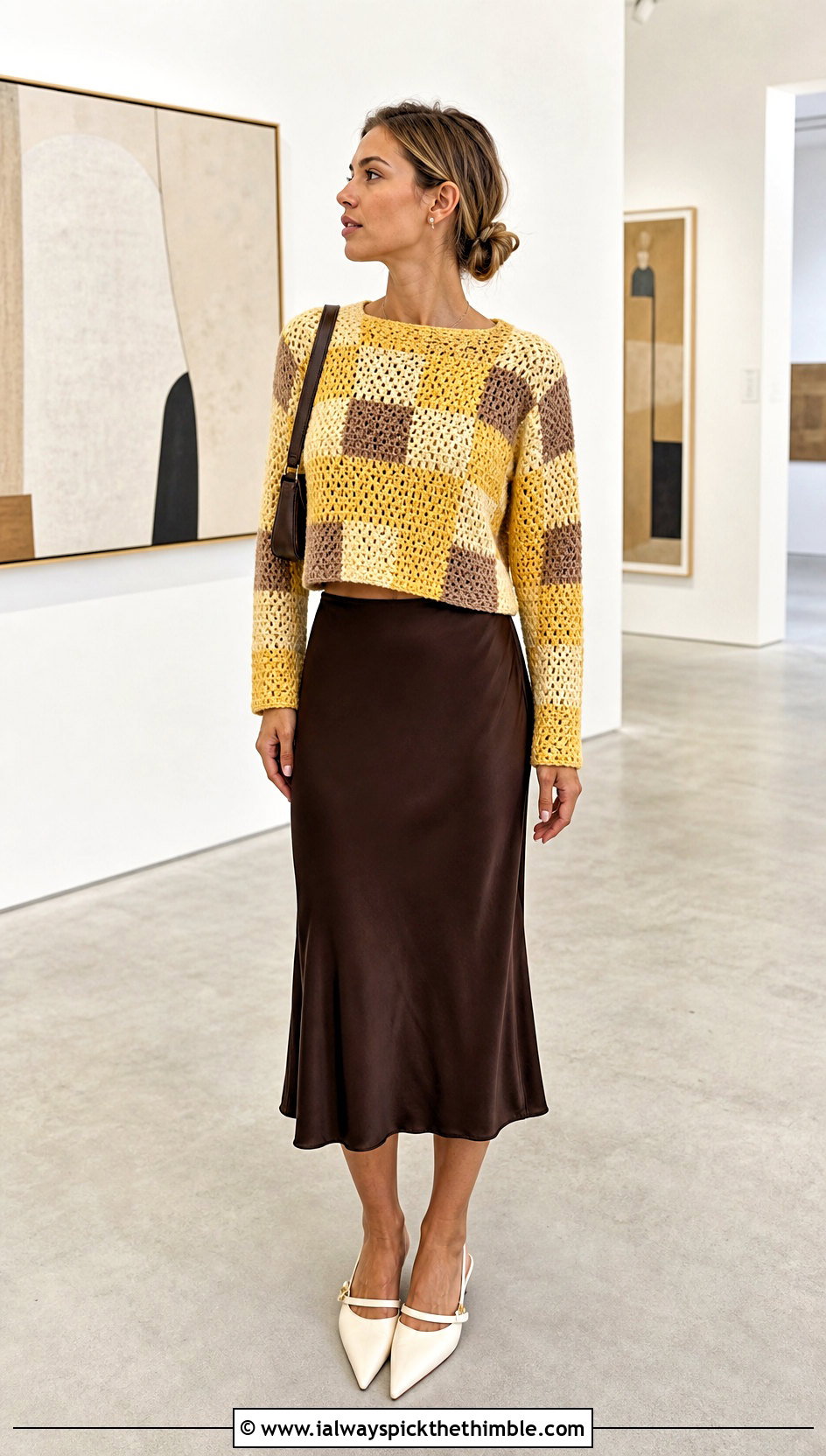 Cropped Checkerboard Crochet Patchwork Jumper With Satin Midi Skirt - 15 crochet patchwork jumper outfit ideas