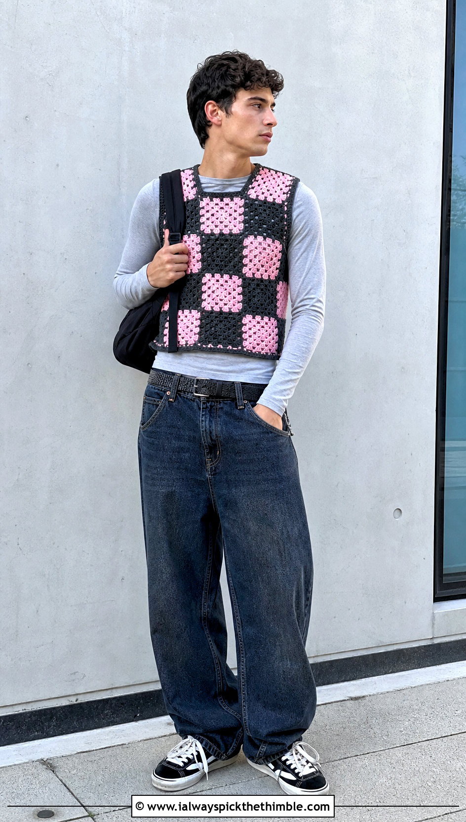 Cropped Checkerboard Granny Square Vest With Baggy Jeans - 20 crochet granny square mens vest outfit ideas