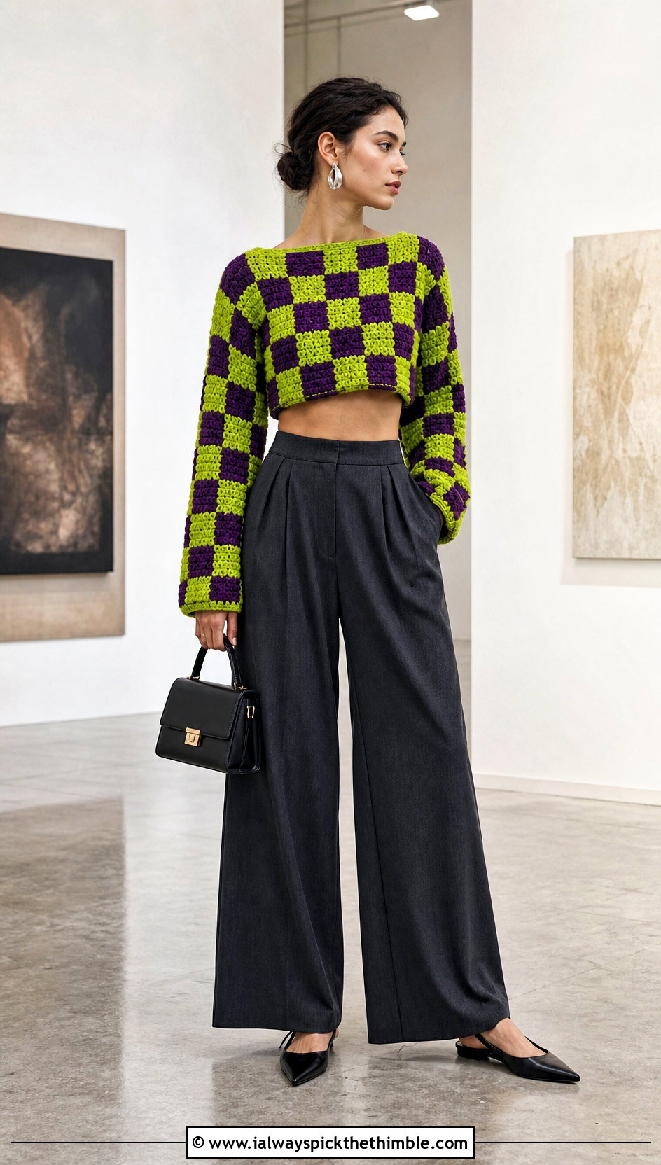 Cropped Checkerboard Patchwork Crochet Sweater With Wide Leg Trousers - 25 patchwork crochet sweater outfit ideas
