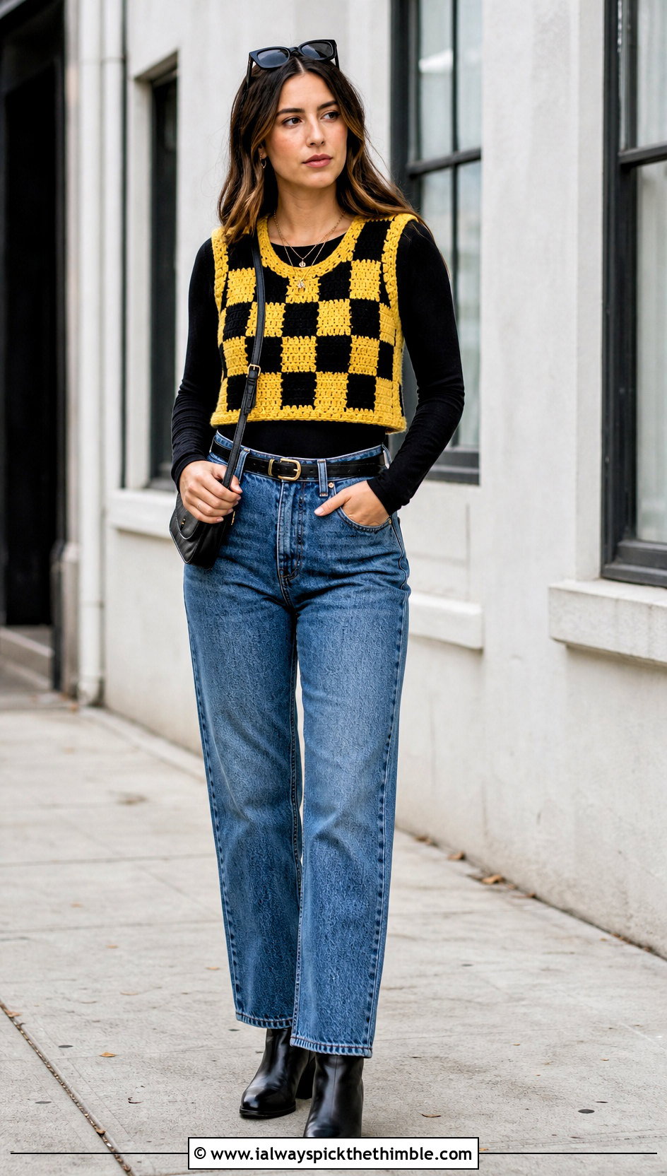 Cropped Checkerboard Wednesday Crochet Vest With Straight Jeans - 20 wednesday crochet vest outfit ideas
