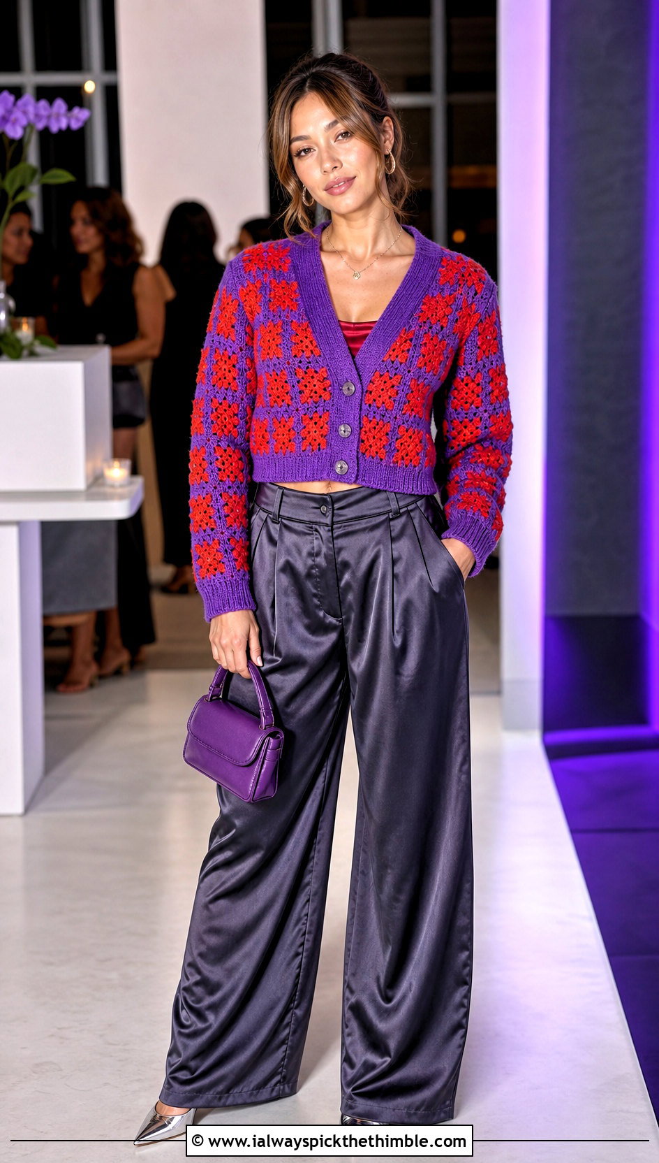 Cropped Checkered Cardigan With Satin Trousers - 20 crochet checkered sweater outfit ideas