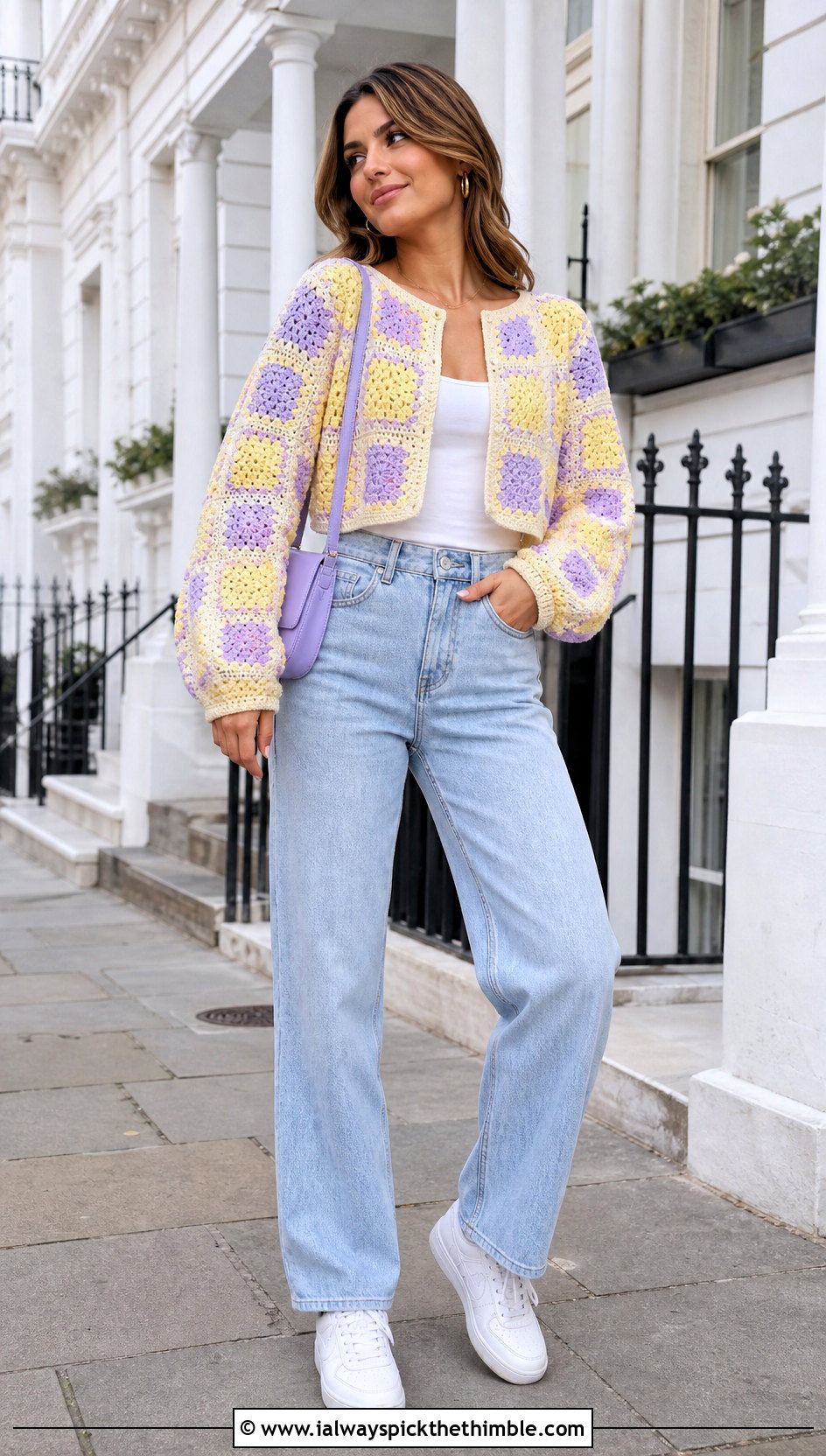 Cropped Checkered Granny Square Cardigan With Straight Leg Jeans - 20 checkered granny square cardigan outfit ideas