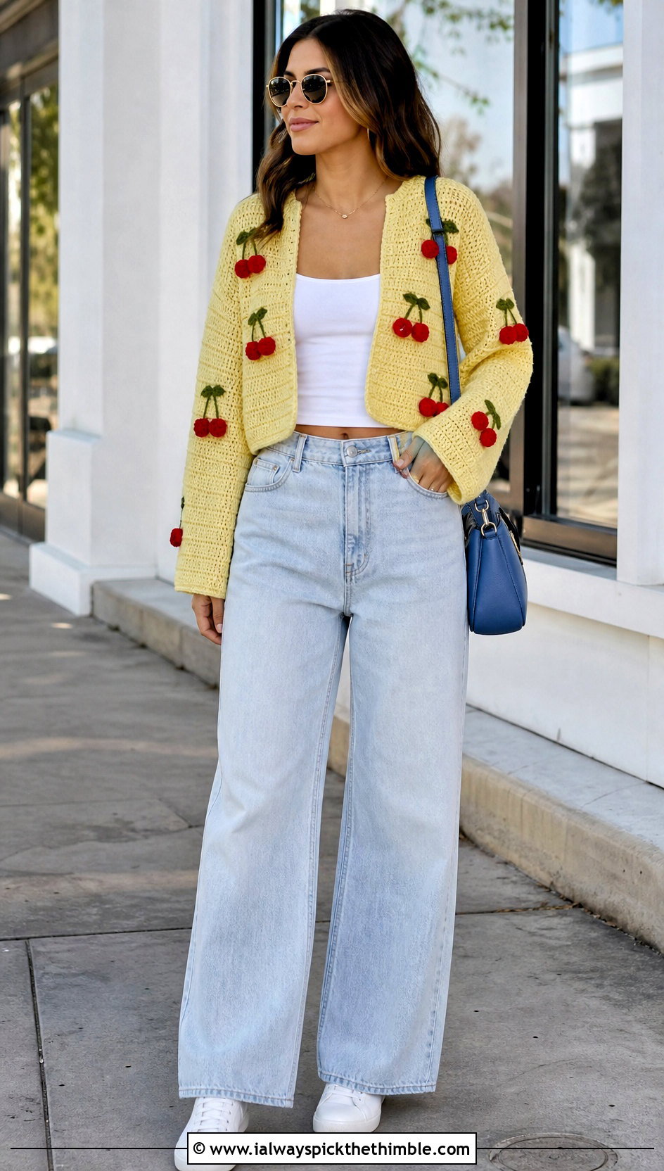 Cropped Cherry Crochet Cardigan With Wide Leg Jeans - 20 cherry crochet cardigan outfit ideas