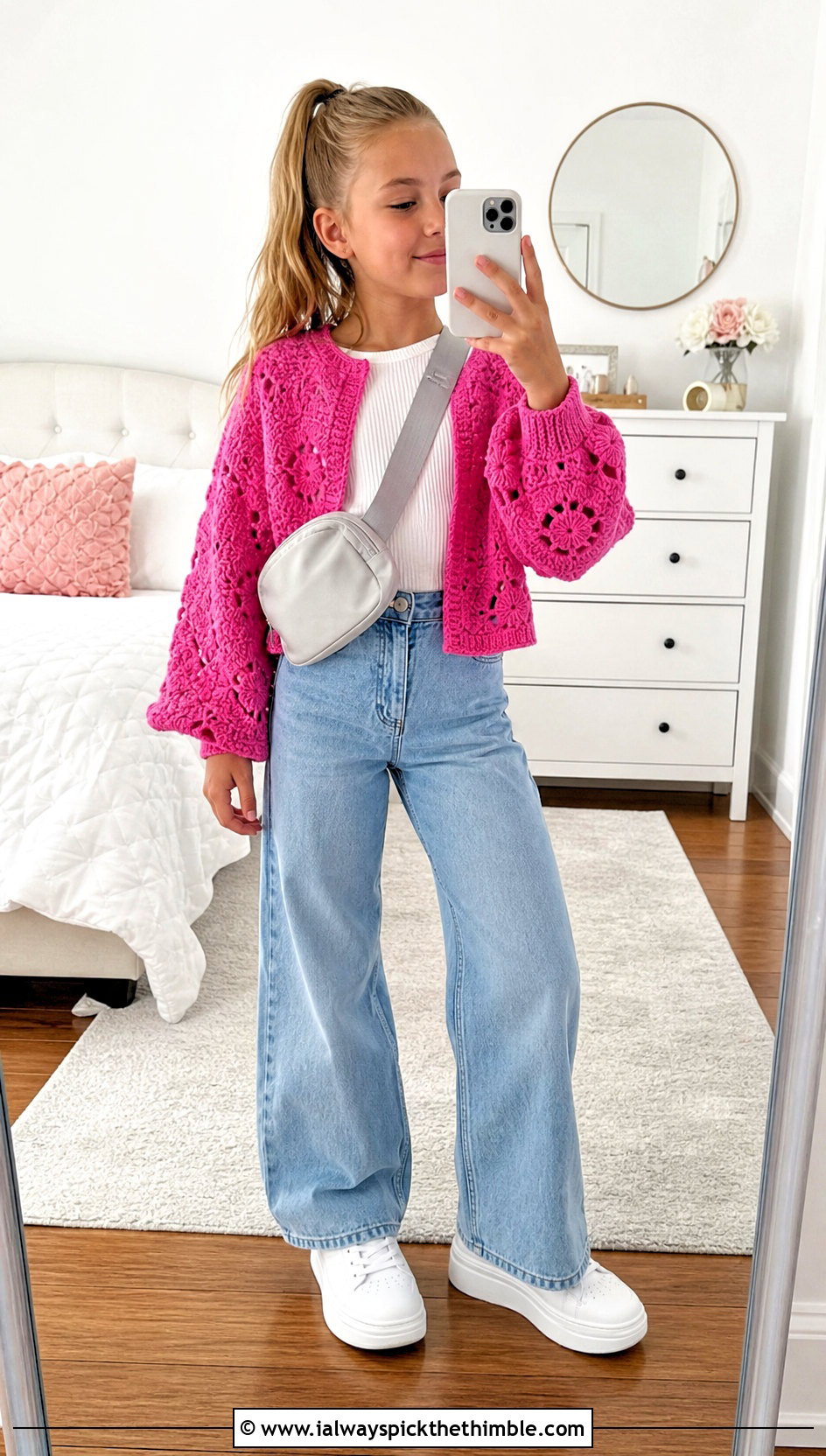 Cropped Childs Hexagon Cardigan With Wide Leg Jeans - 15 Crochet Childs Hexagon Cardigan outfit ideas