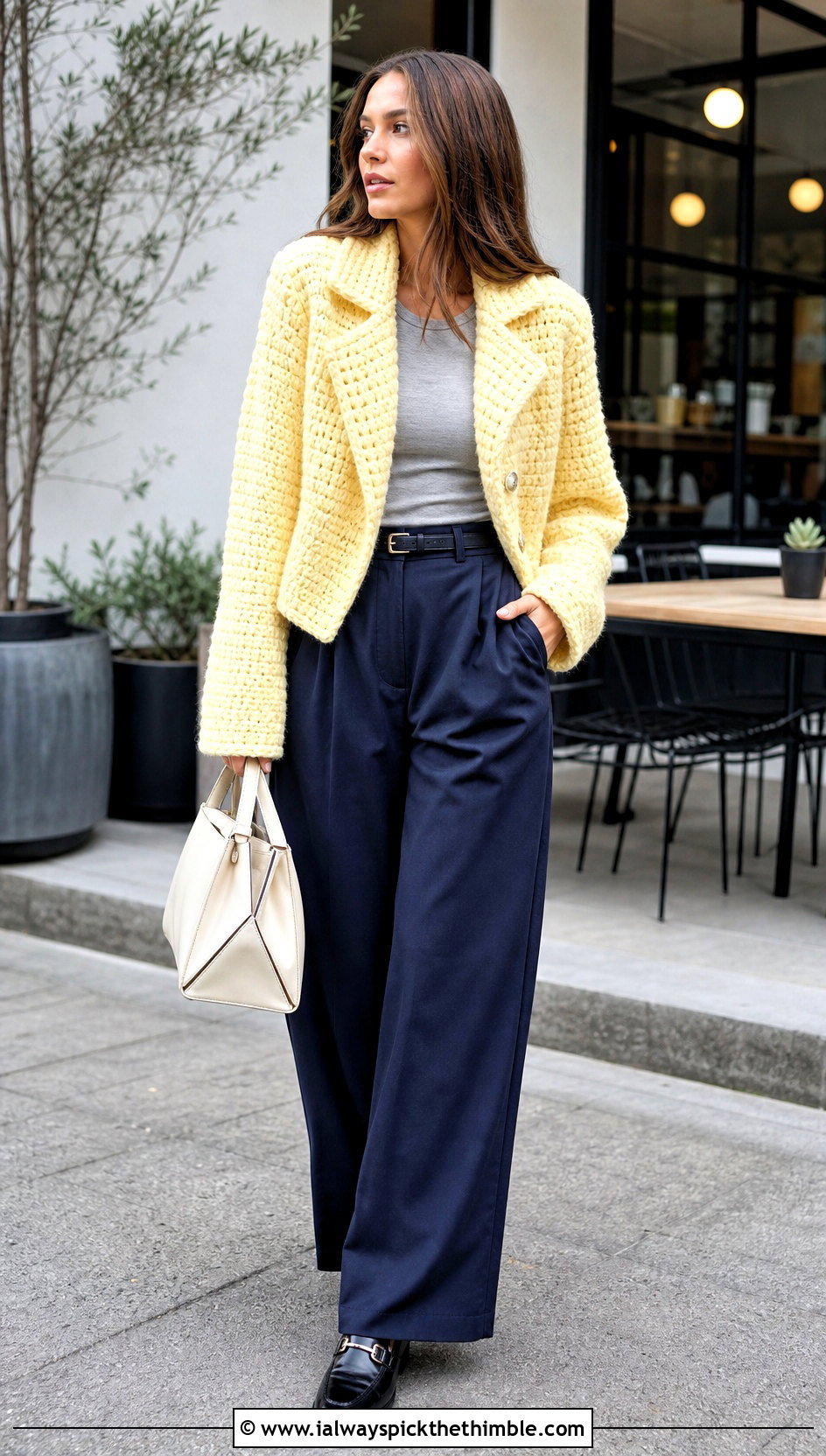 Cropped Chunky Crochet Car Coat With Wide Leg Trousers - 20 Chunky Crochet Coat outfit ideas