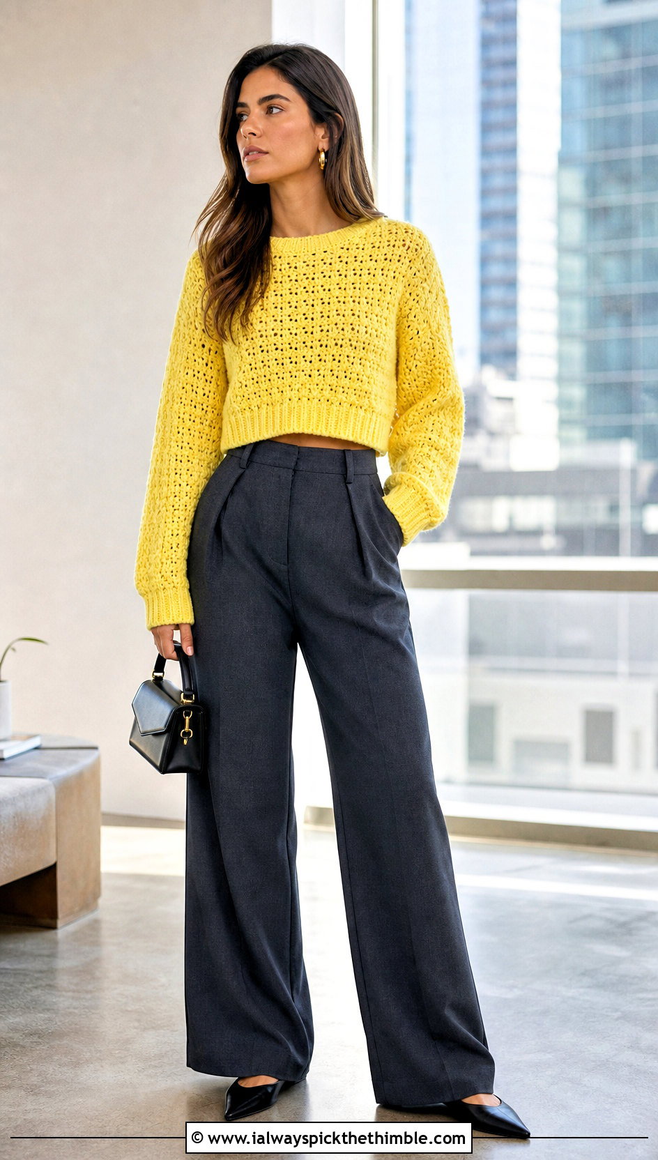 Cropped Chunky Crochet Jumper With Wide Leg Trousers - 25 chunky crochet jumper outfit ideas