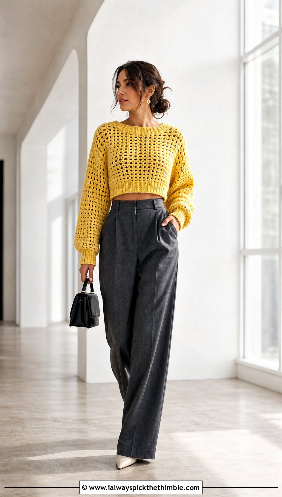 Cropped Chunky Crochet Sweater With Wide Leg Trousers - 25 chunky crochet sweater outfit ideas