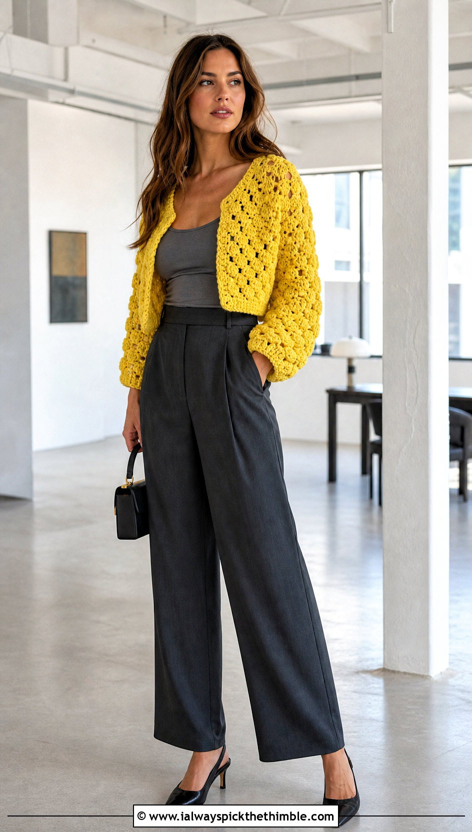 Cropped Chunky Crochet Sweater With Wide Leg Trousers - 20 Easy Chunky Crochet Sweater outfit ideas