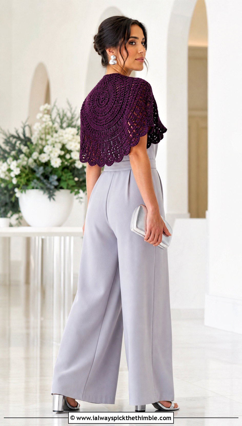 Cropped Circular Shrug Jacket With Wide Leg Jumpsuit - 15 Crochet Circular Jacket outfit ideas