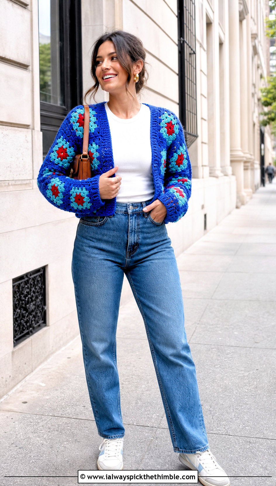 Cropped Classic Granny Square Cardigan With Straight Leg Jeans - 20 boho granny square cardigan outfit ideas