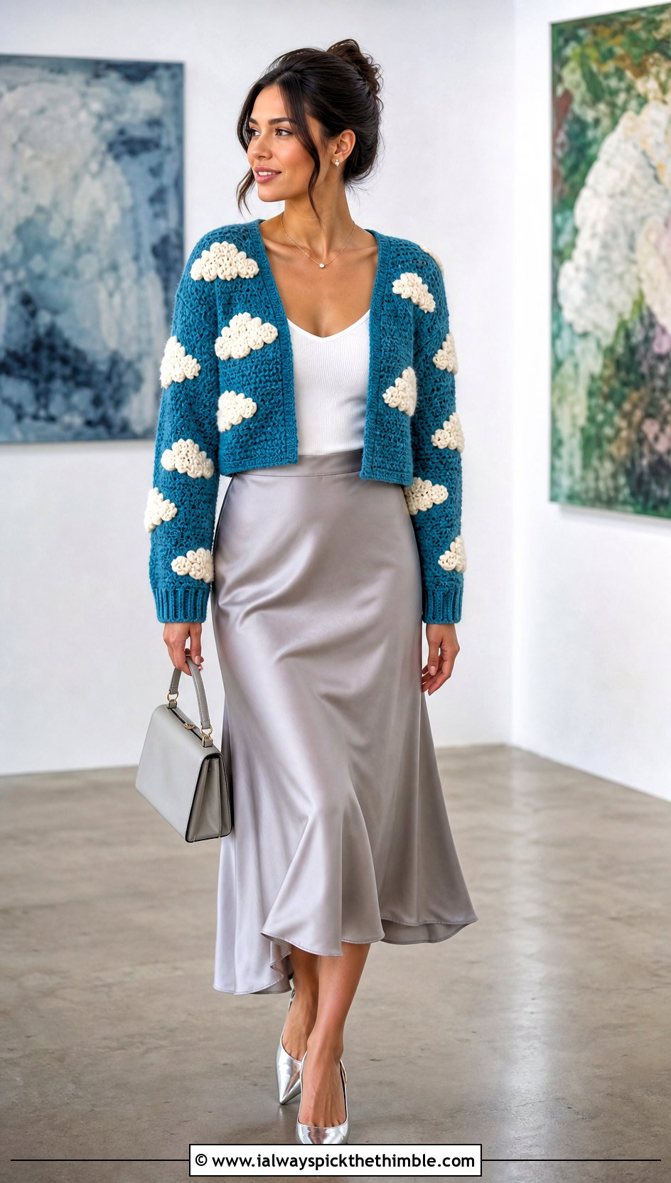 Cropped Cloud Cardigan With a Satin Midi Skirt - 25 crochet cloud cardigan outfit ideas