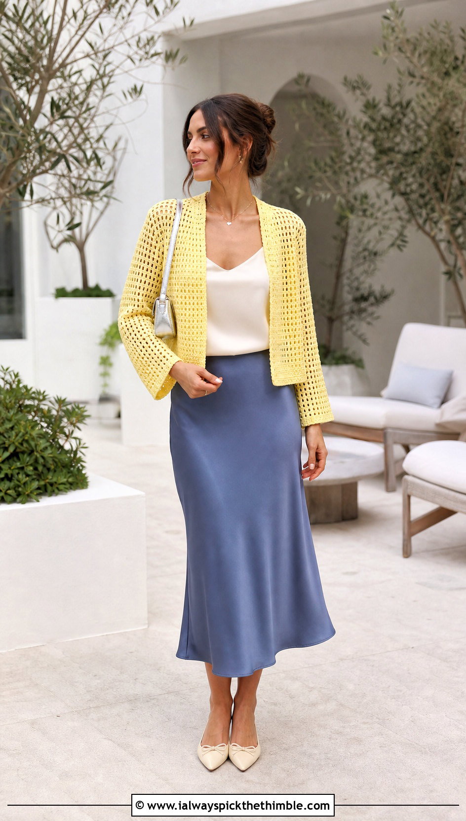 Cropped Cocoon Rectangle Cardigan With Satin Midi Skirt - 15 Crochet Rectangle Cardigan outfit ideas