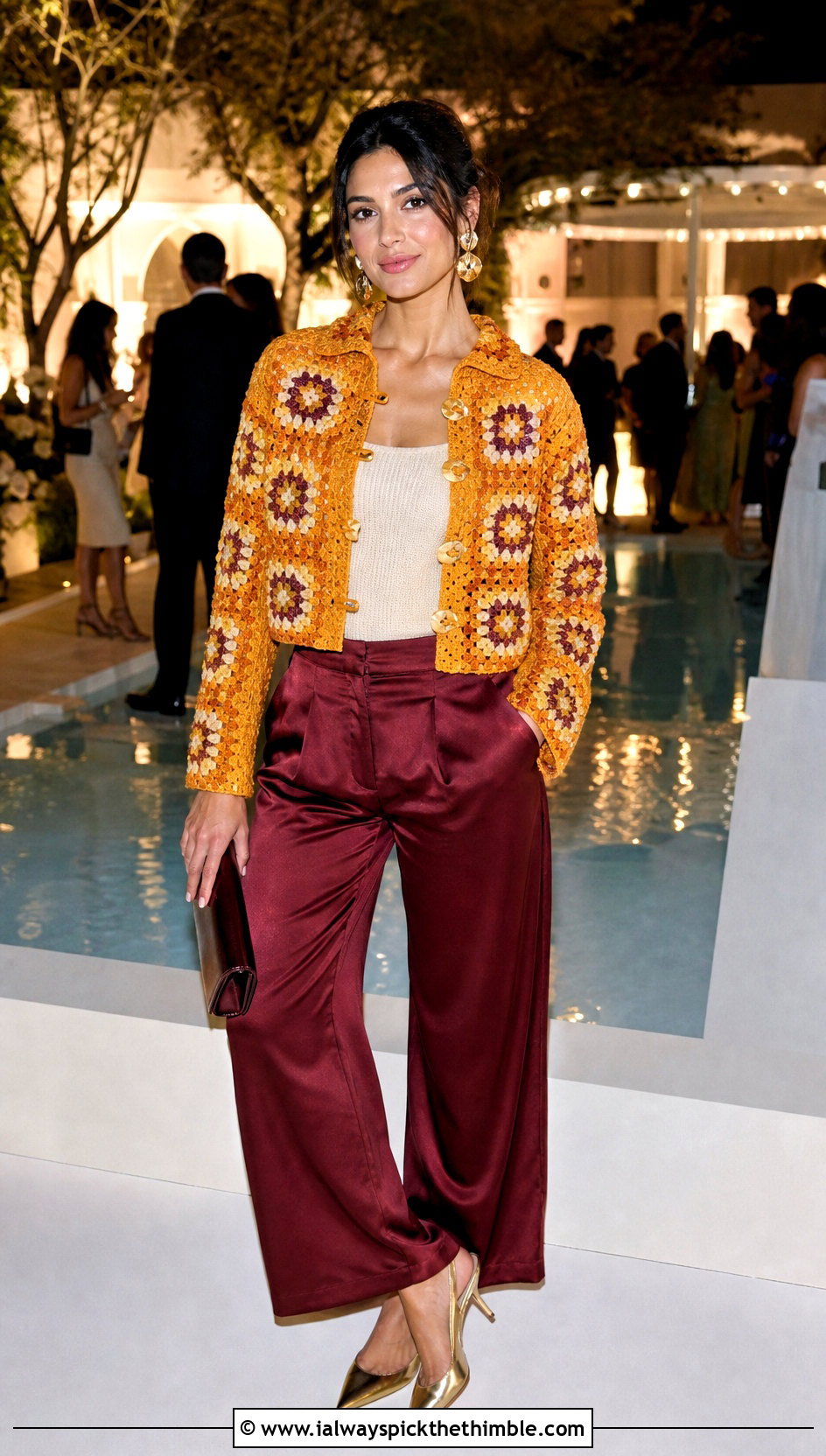 Cropped Collar Granny Square Jacket With Satin Trousers - 20 granny square jackets outfit ideas