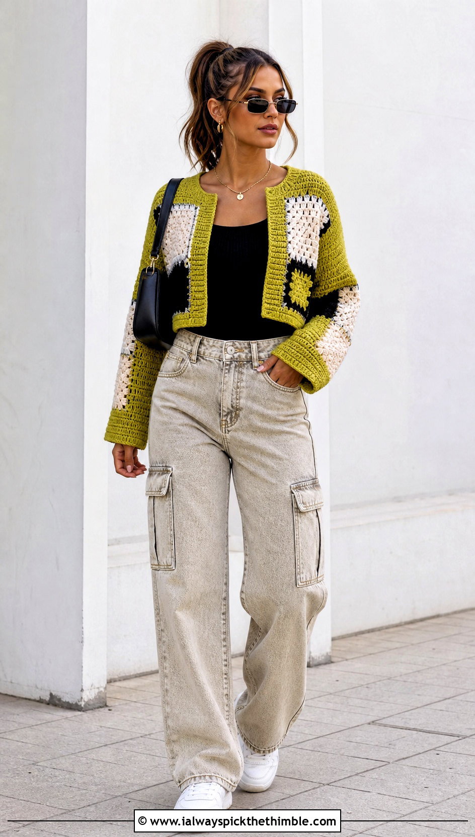 Cropped Color Block Crochet Patched Cardigan With Cargo Pants - 20 Crochet Patched Cardigan outfit ideas