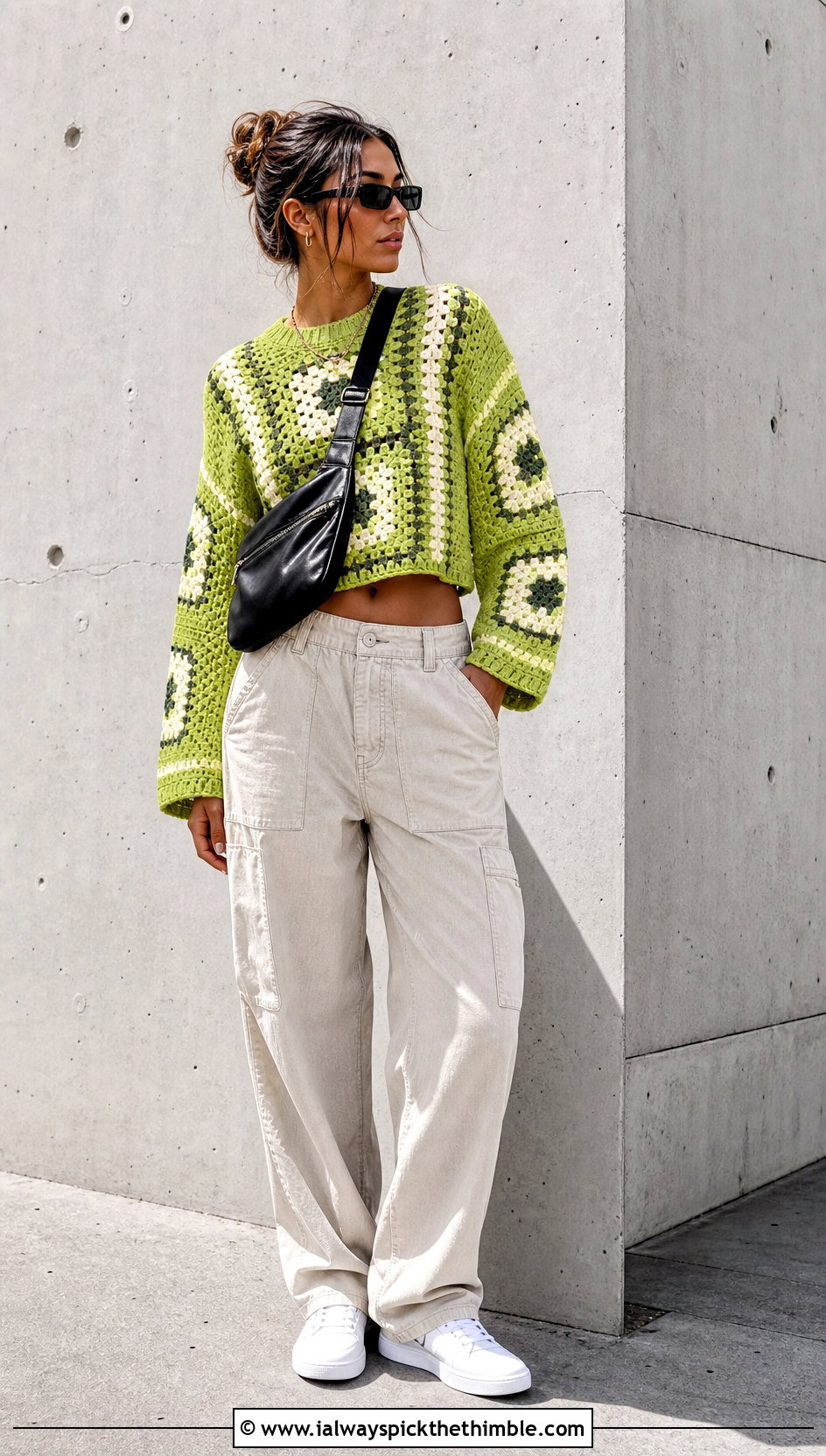 Cropped Color Block Crochet Sweater With Cargo Pants - 20 crochet block sweater outfit ideas