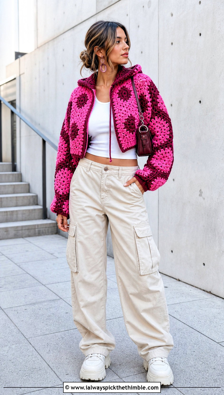 Cropped Color Block Hexi Crochet Hoodie With Cargo Pants - 20 hexi crochet hoodie outfit ideas