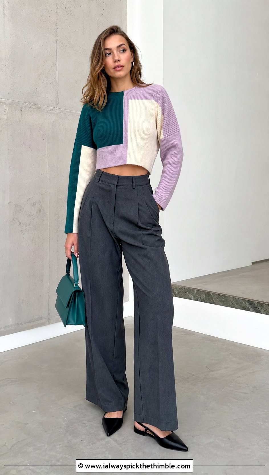 Cropped Color Block Patchwork Sweater With Wide Leg Trousers - 20 crochet patchwork sweater outfit ideas