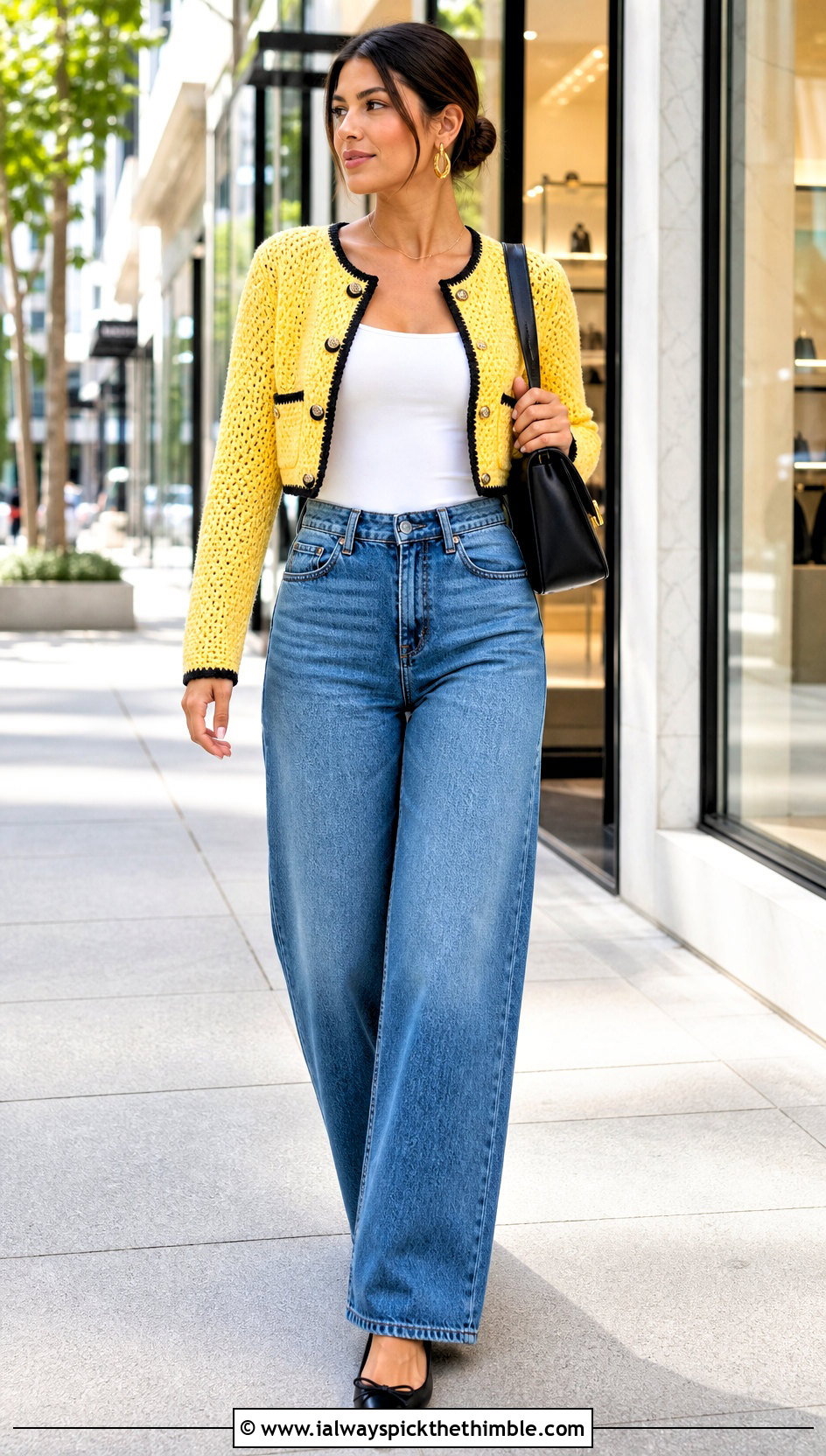 Cropped Contrast Trim Chanel Crochet Cardigan With Wide Leg Jeans - 20 Chanel Crochet Cardigan outfit ideas
