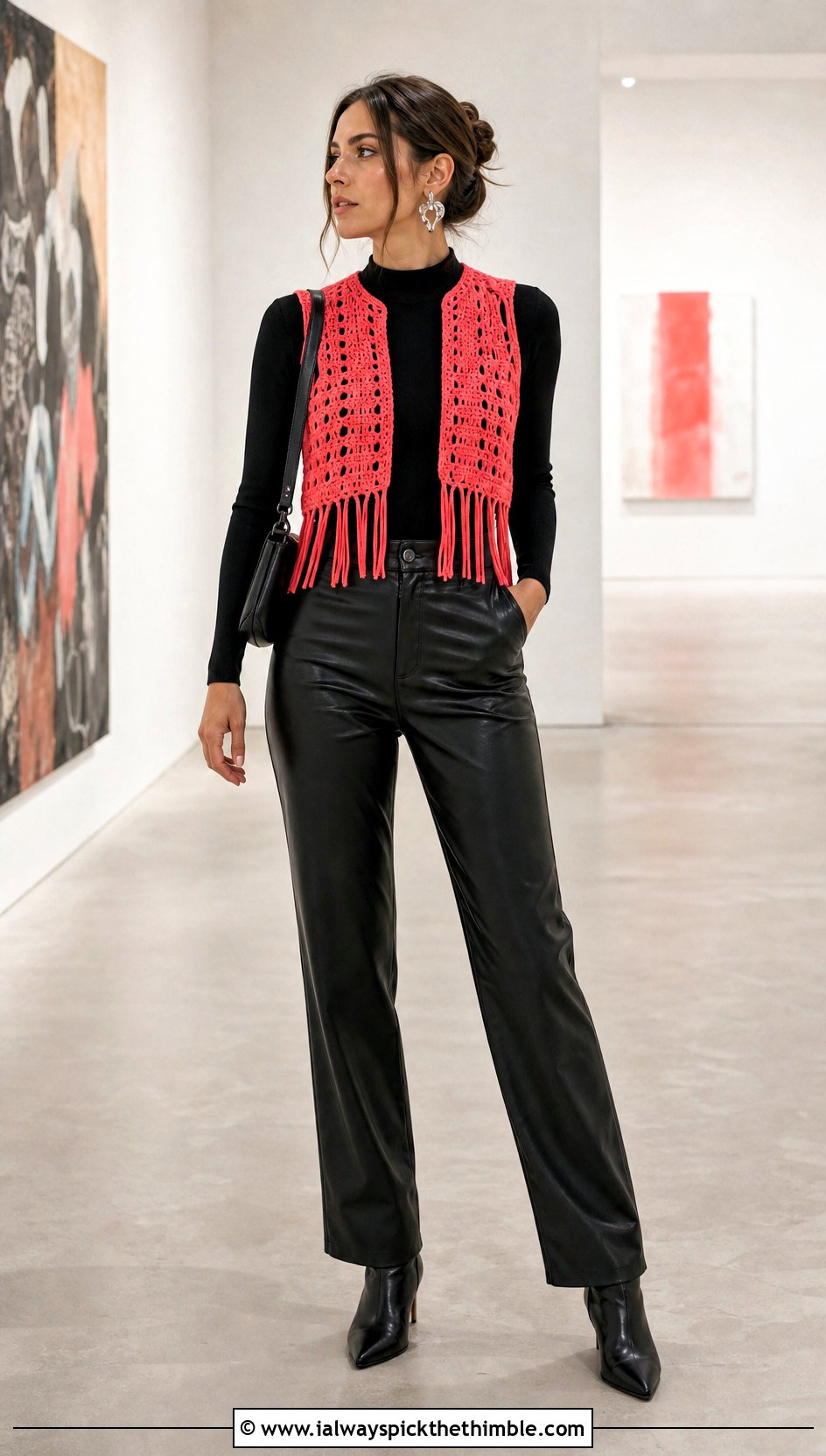 Cropped Coral Fringe Vest With Leather Pants - 15 coral fringe vest in knit crochet boho style outfit ideas