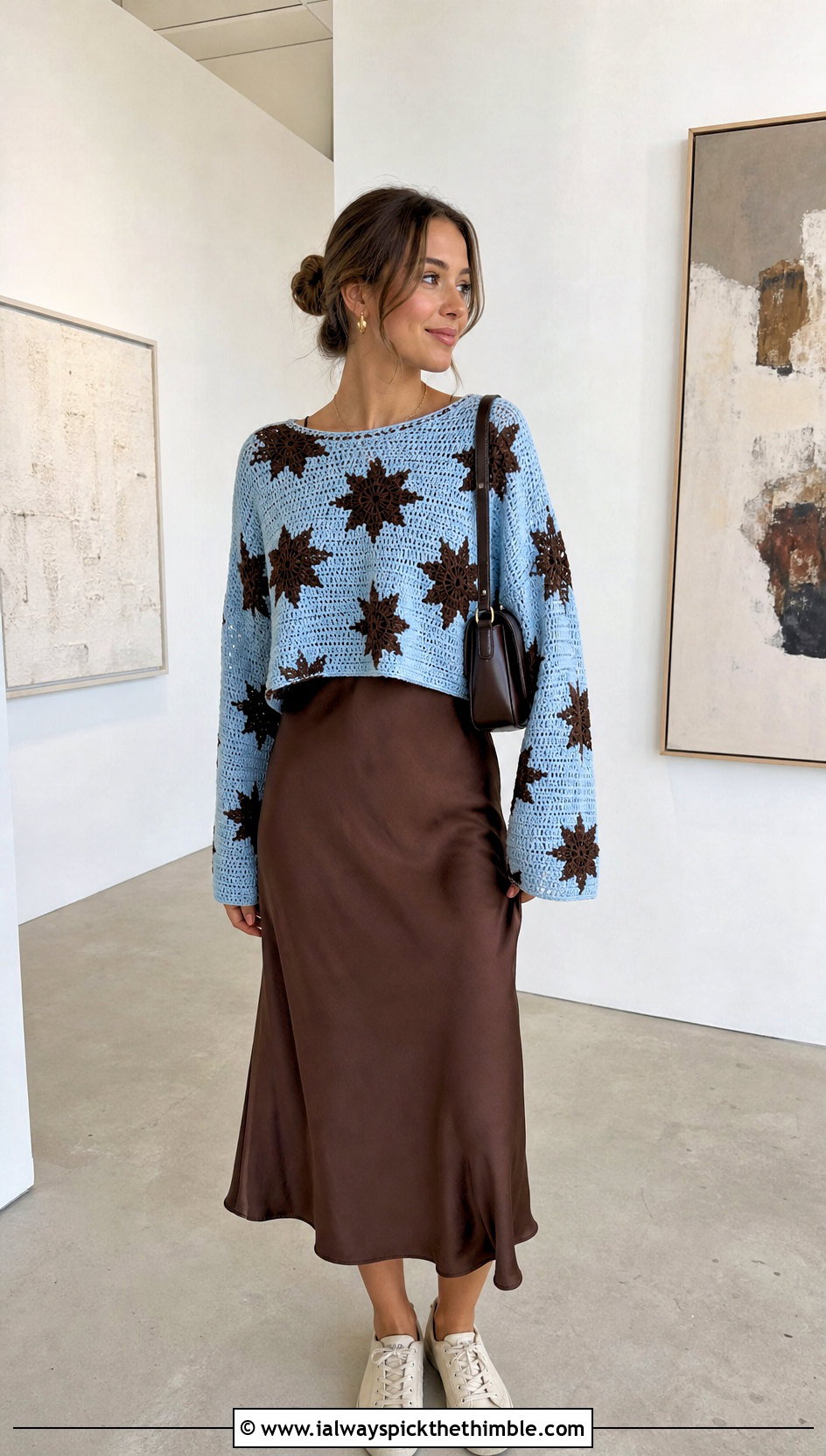 Cropped Coraline Star Crochet Sweater Over A Slip Dress - 20 Coraline Star Crochet Sweater outfit ideas