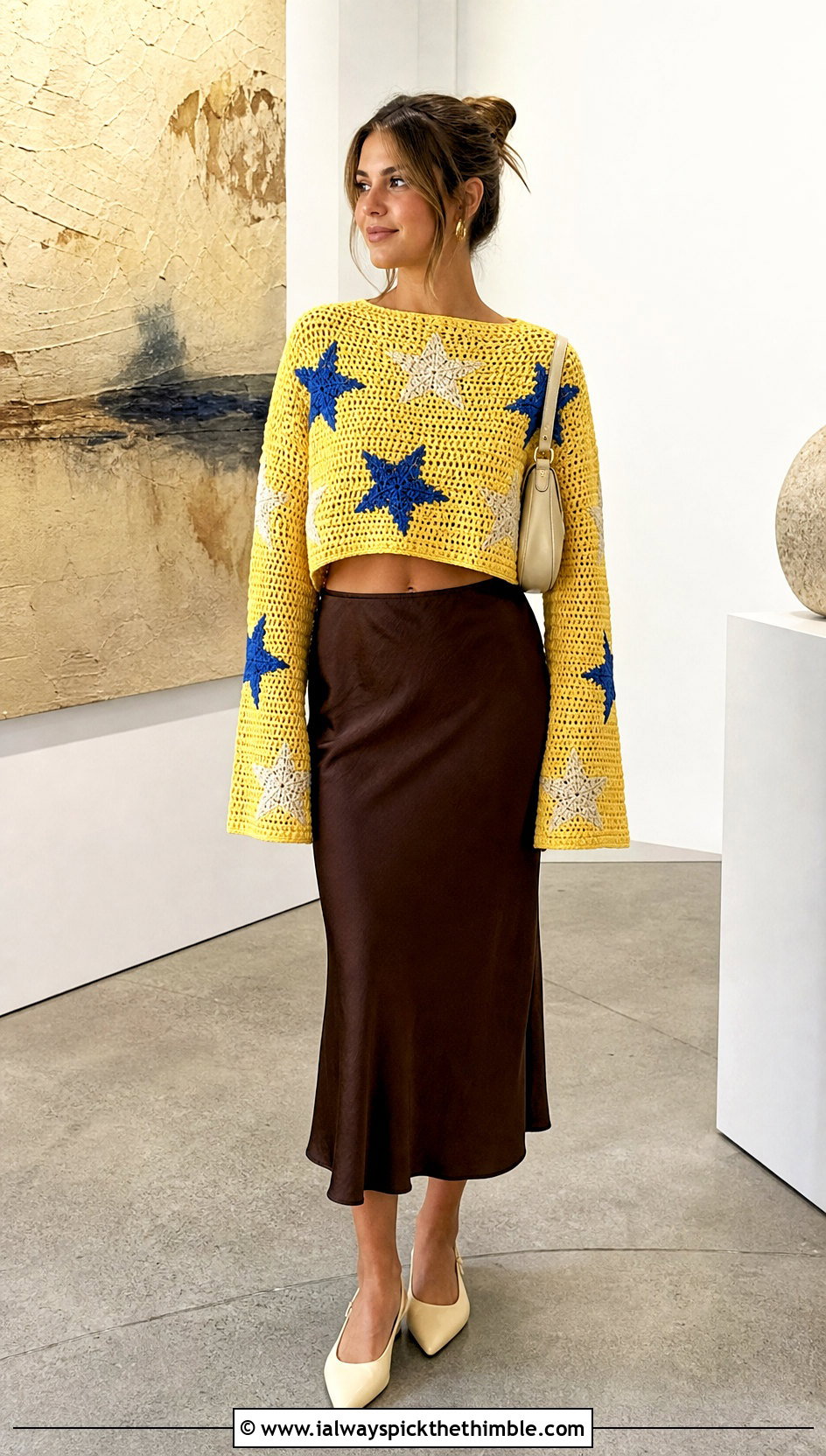 Cropped Coraline Star Crochet Sweater With Satin Midi Skirt - 20 coraline crochet sweater outfit ideas
