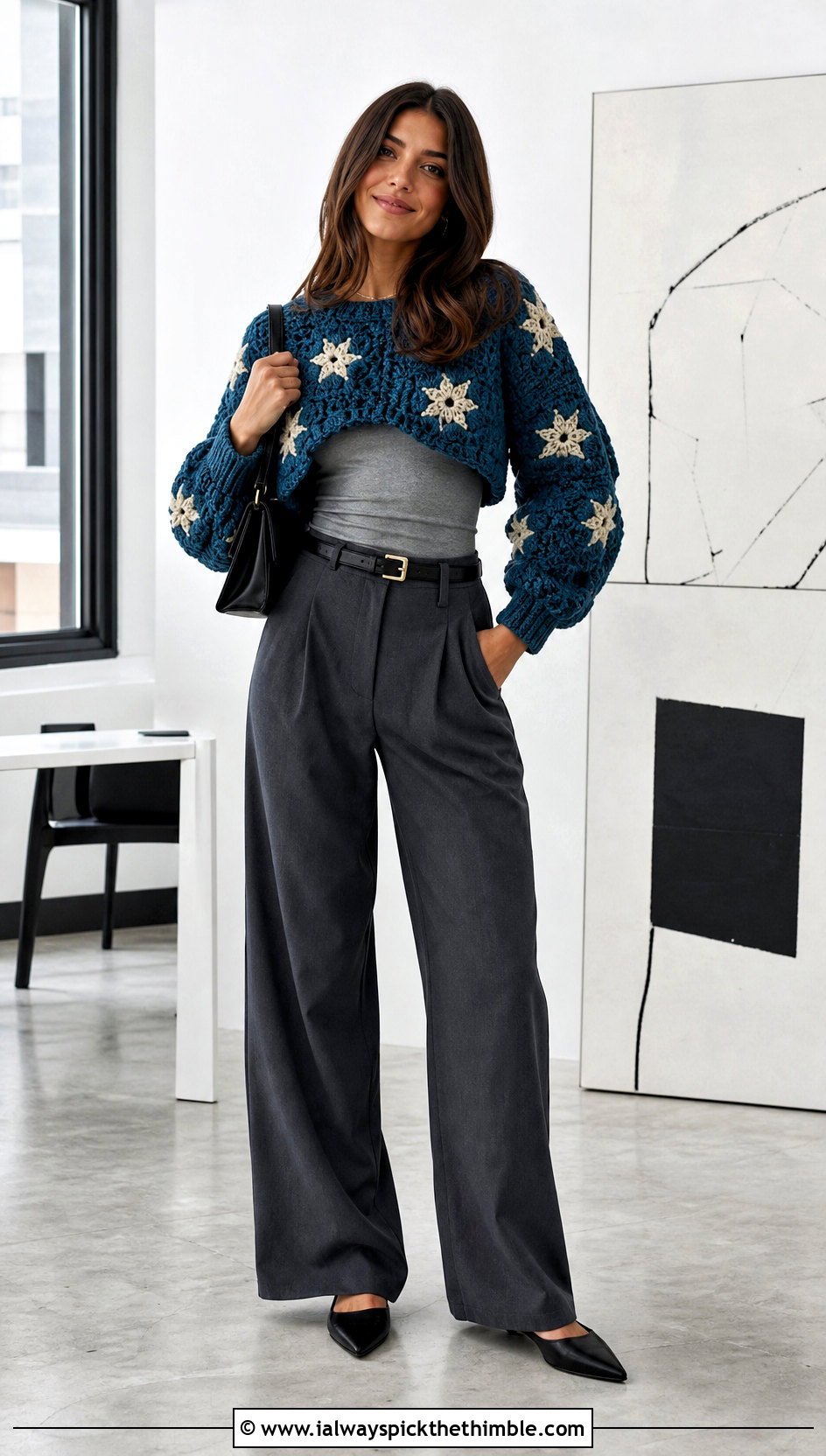 Cropped Coraline Star Crochet Sweater With Wide Leg Trousers - 20 Coraline Star Crochet Sweater outfit ideas