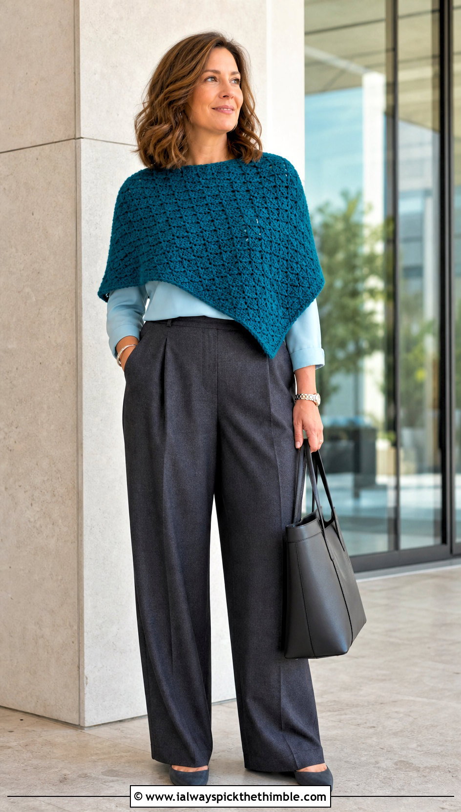 Cropped Corner To Corner Crochet Poncho With Wide Leg Trousers - 15 Corner To Corner Crochet Poncho outfit ideas