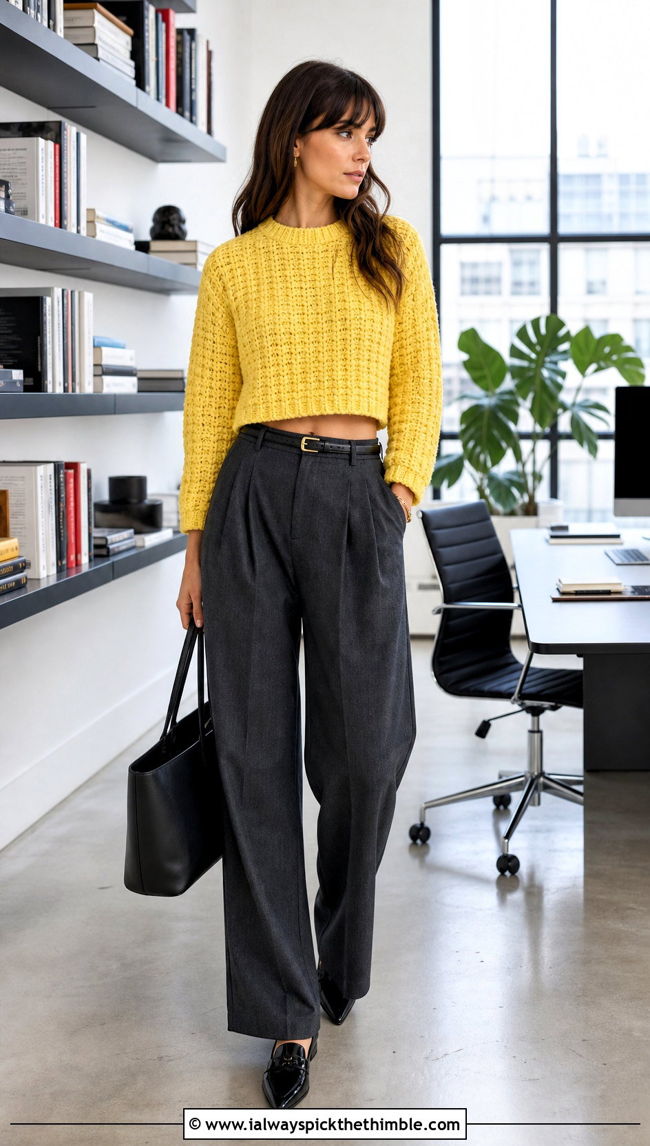 Cropped Crew Neck Crochet Chenille Sweater With Wide Leg Trousers - 20 crochet chenille sweater outfit ideas