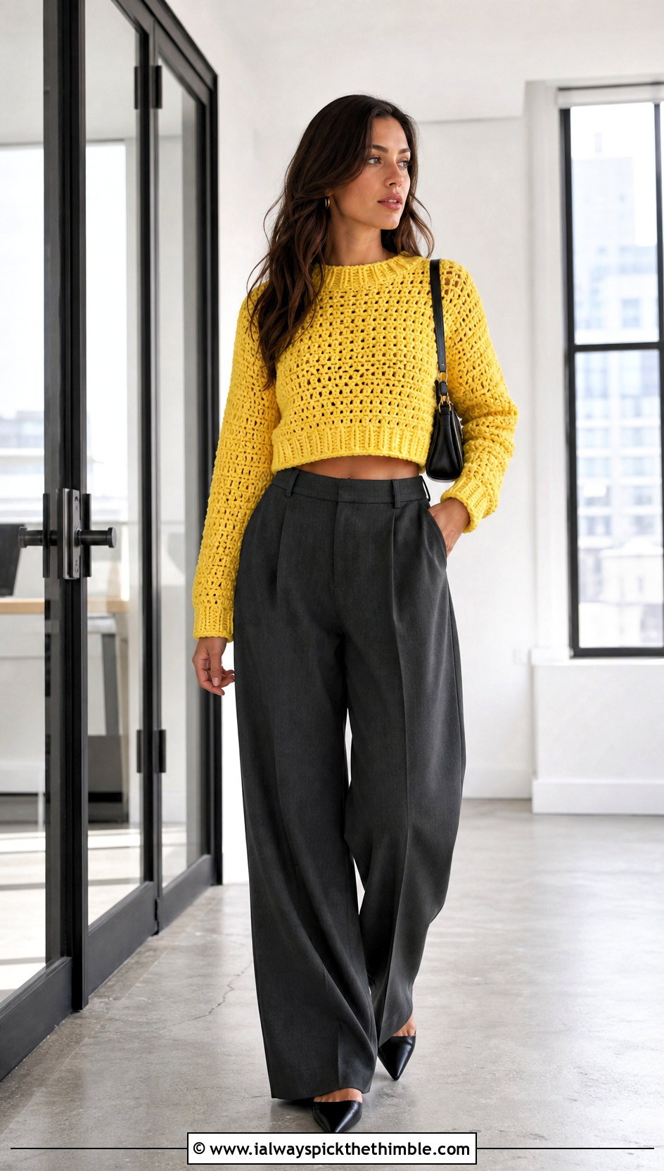 Cropped Crewneck Bulky Yarn Crochet Sweater With Wide Leg Trousers - 20 bulky yarn crochet sweater outfit ideas