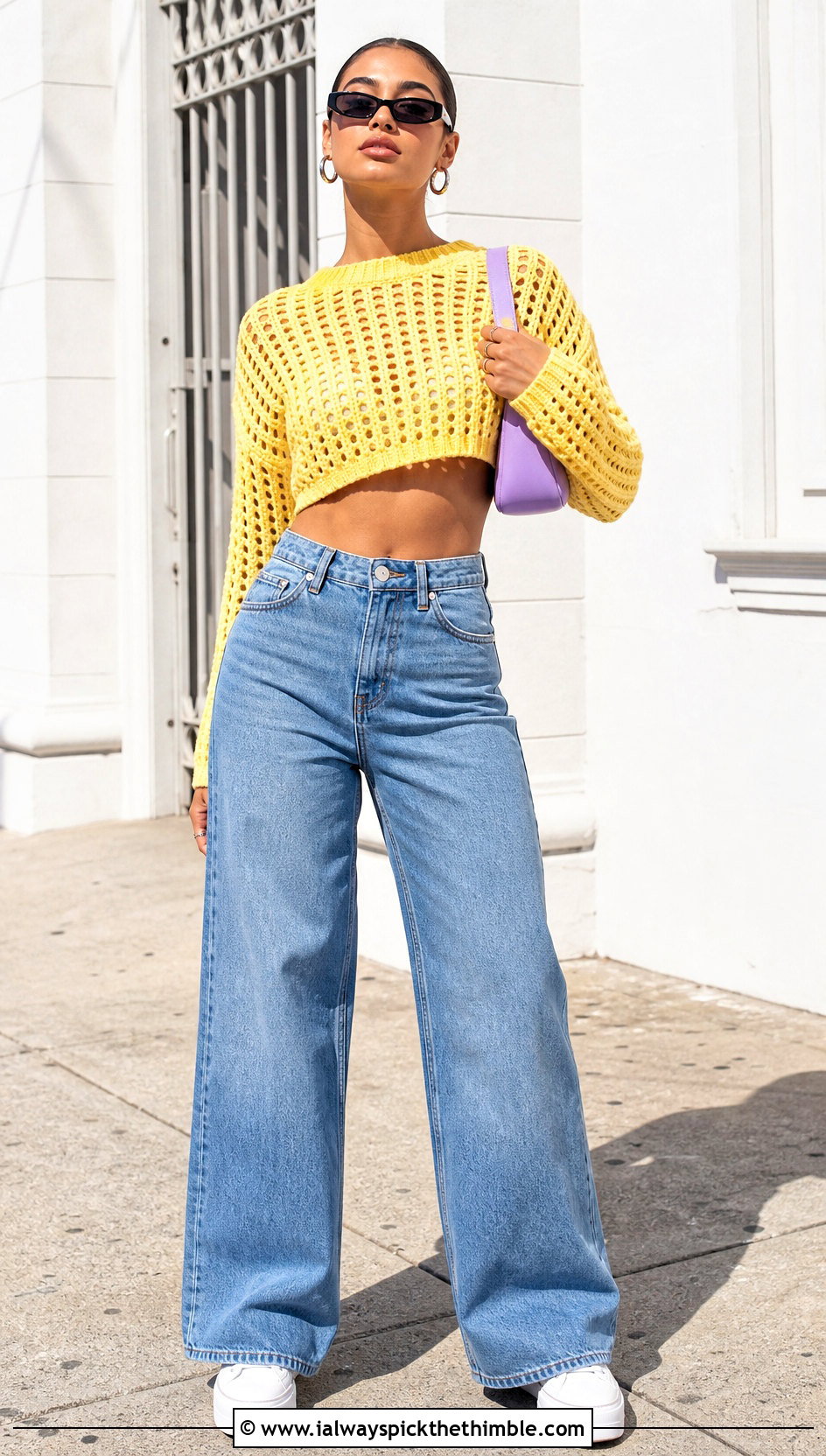 Cropped Crewneck Crochet Barbie Sweater With Wide Leg Jeans - 20 crochet barbie sweater outfit ideas
