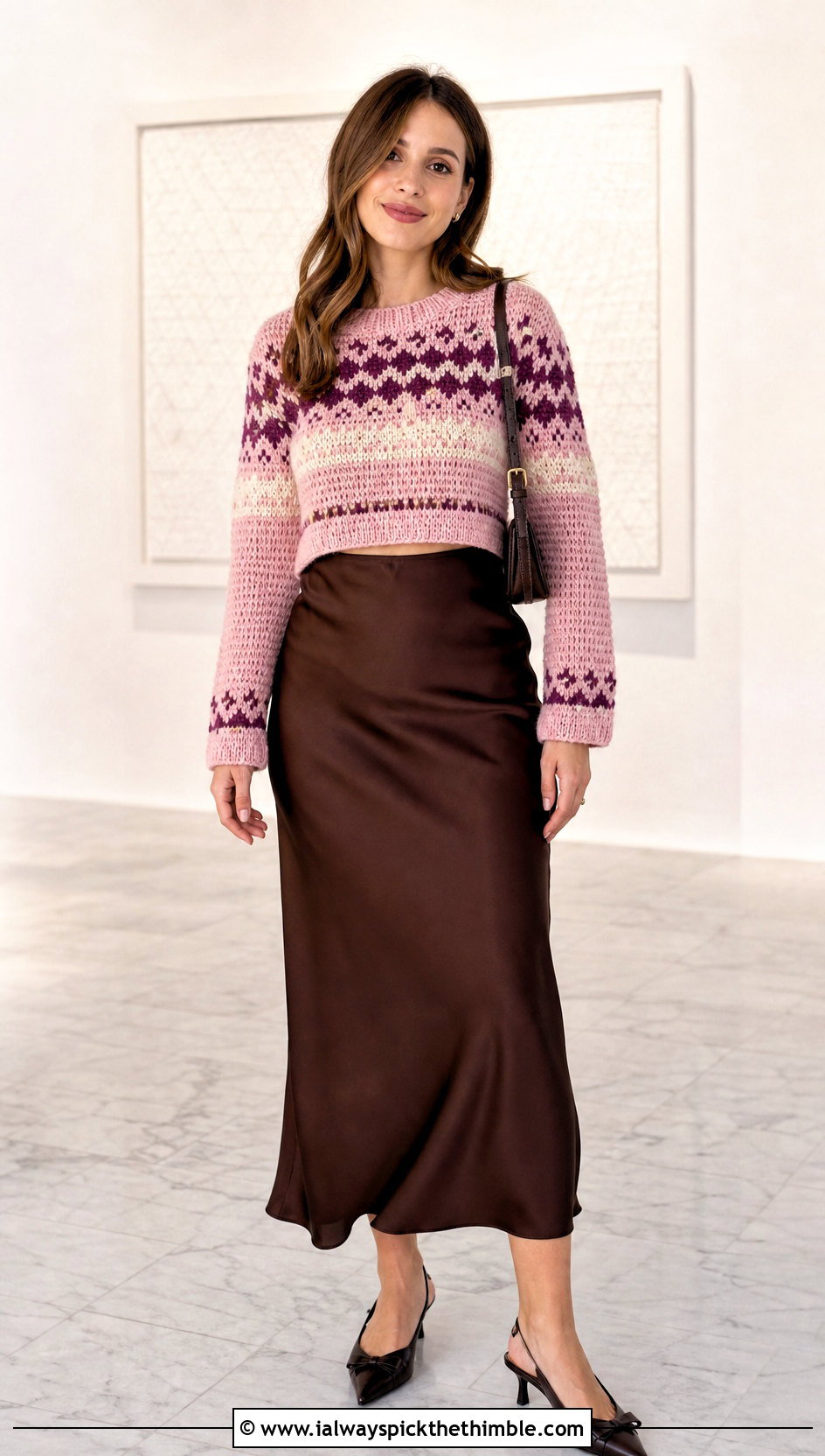 Cropped Crewneck Crochet Fairisle Sweater With Satin Midi Skirt - 15 Crochet Fairisle Sweater outfit ideas