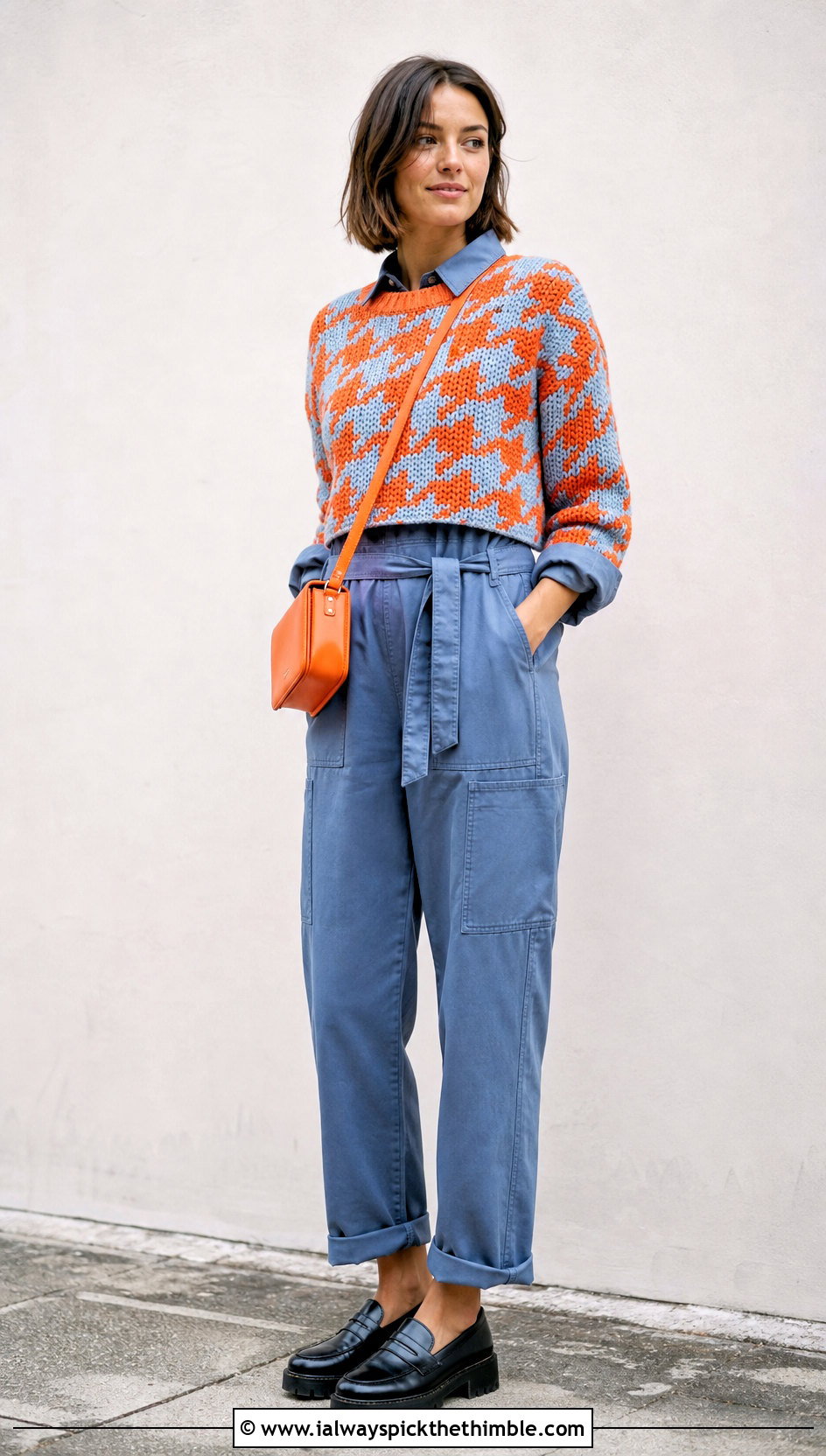 Cropped Crewneck Crochet Houndstooth Sweater With Utility Jumpsuit - 25 crochet houndstooth sweater outfit ideas