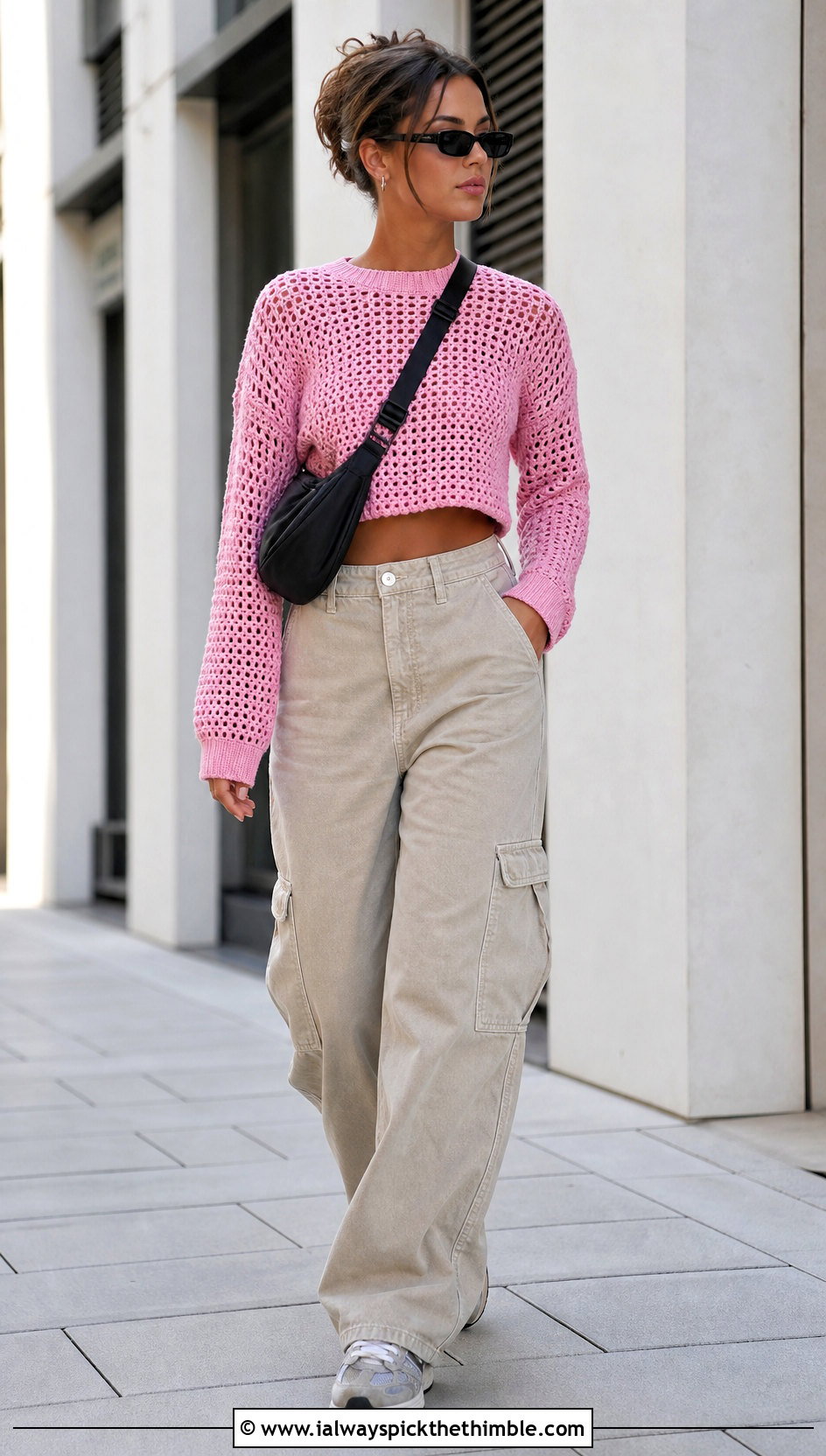 Cropped Crewneck Crochet Sweater With Cargo Pants - 20 crochet key sweater outfit ideas