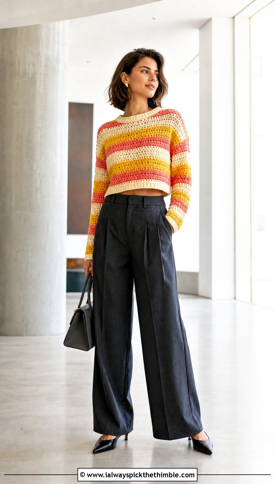 Cropped Crewneck Crocheted Striped Sweater With Wide Leg Trousers - 20 Crocheted Striped Sweater outfit ideas