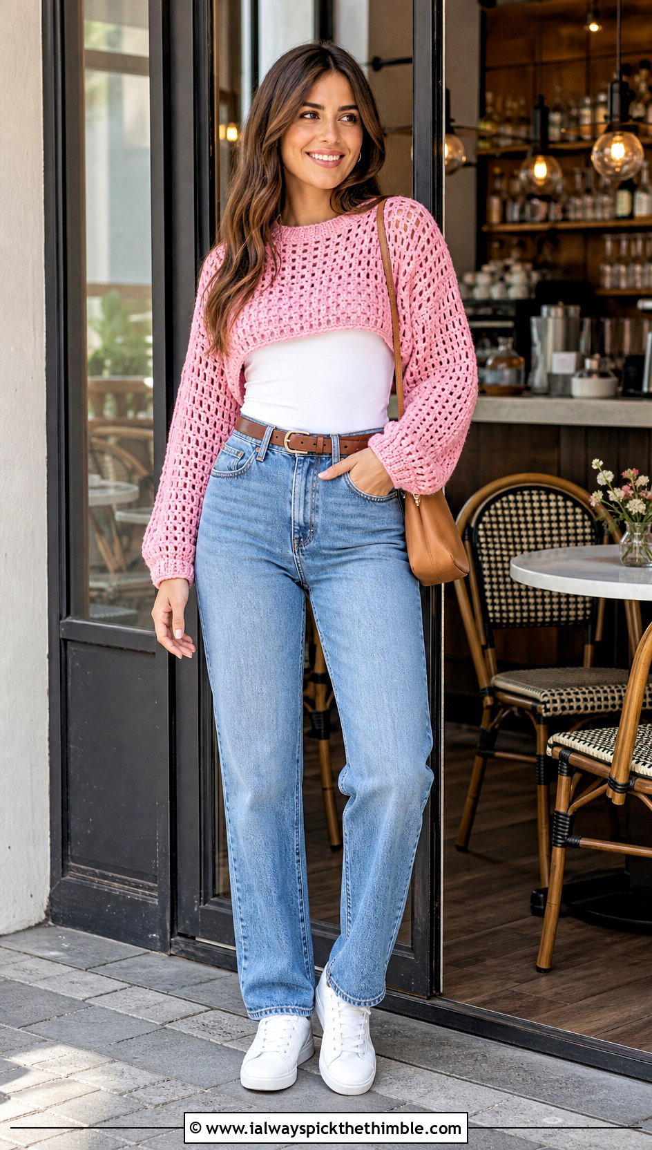 Cropped Crewneck Pink Crochet Sweater With High Rise Jeans - 25 pink crochet sweater outfit ideas
