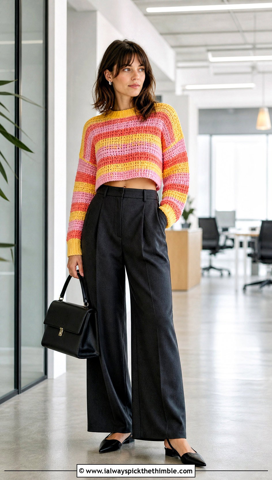 Cropped Crewneck Striped Crochet Sweater With Wide Leg Trousers - 20 striped crochet sweater outfit ideas