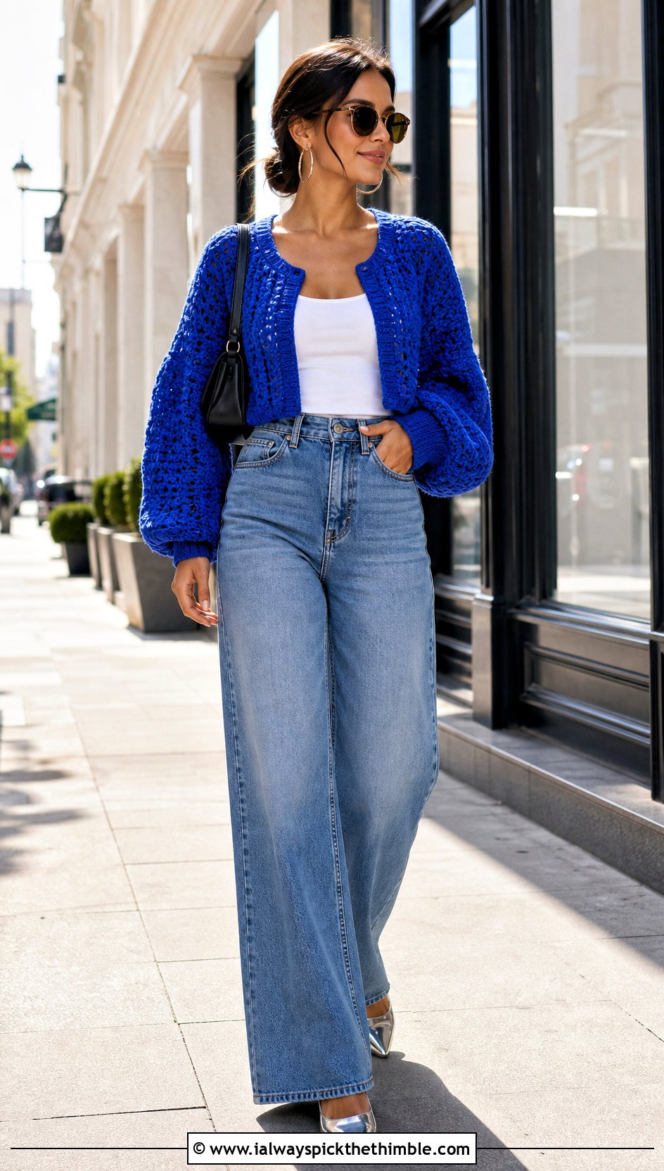 Cropped Crochet Balloon Sleeve Cardigan With Wide Leg Jeans - 20 crochet balloon sleeve cardigan outfit ideas