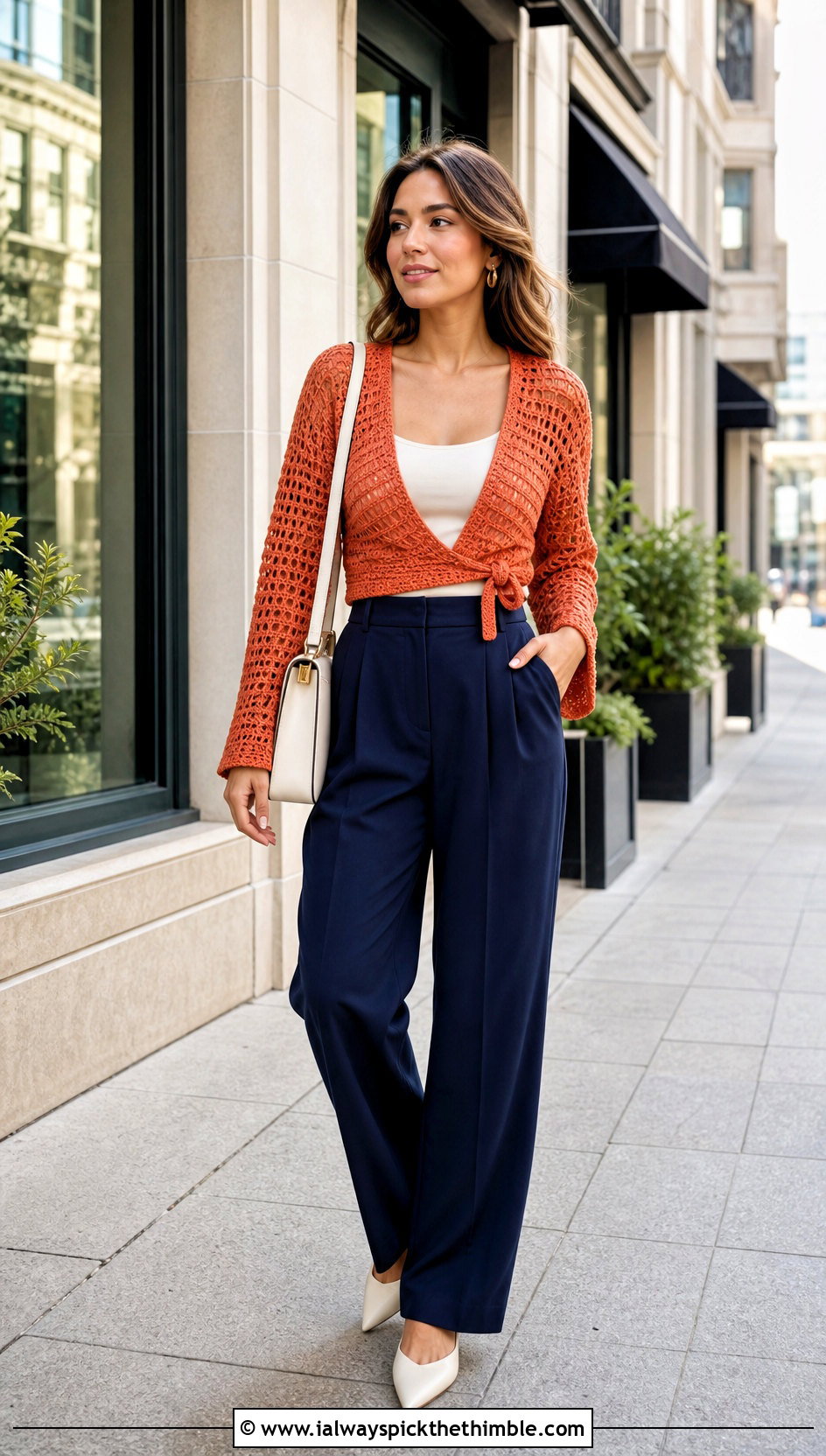 Cropped Crochet Bathrobe With Tailored Pants - 20 crochet bathrobe outfit ideas