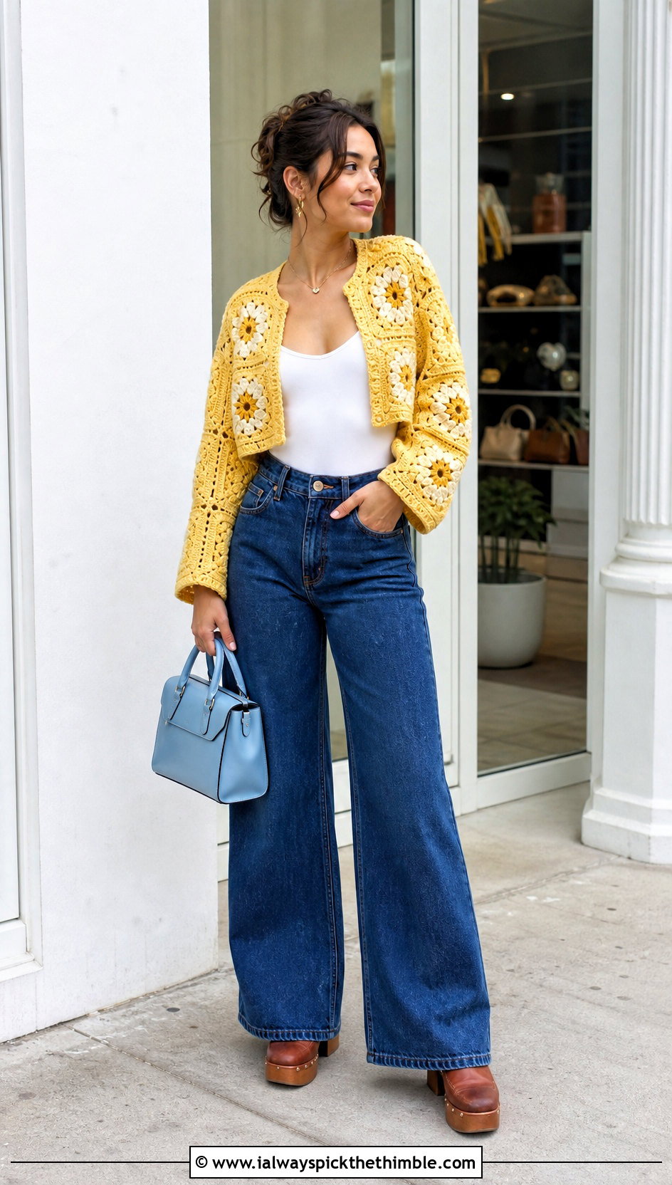 Cropped Crochet Blanket Jacket With Wide Leg Jeans - 20 crochet blanket jacket outfit ideas