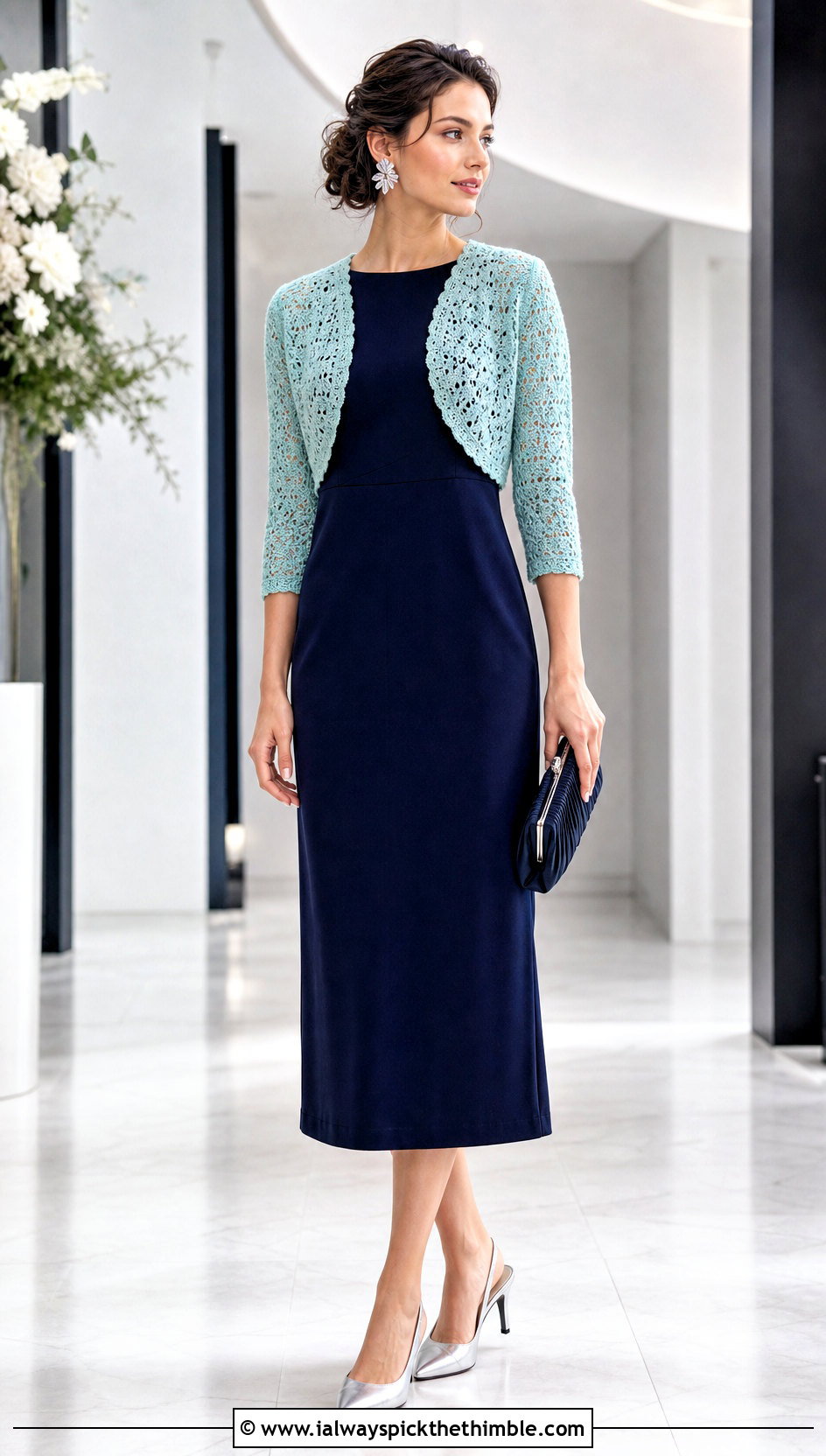 Cropped Crochet Bolero Cardigan With Column Dress - 15 Easy Crochet Cardigan For Women outfit ideas