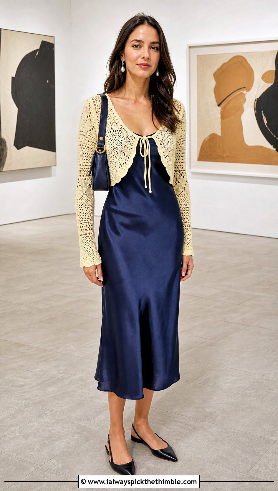 Cropped Crochet Bolero Cardigan With Slip Dress - 20 witchy crochet cardigan outfit ideas