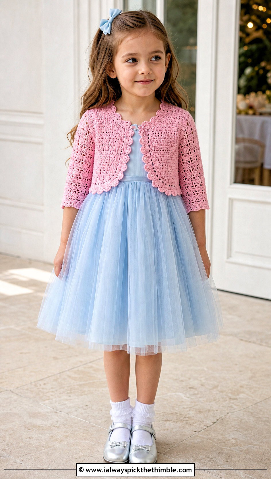 Cropped Crochet Bolero Cardigan With Tulle Dress - 20 Childs Crochet Cardigan outfit ideas