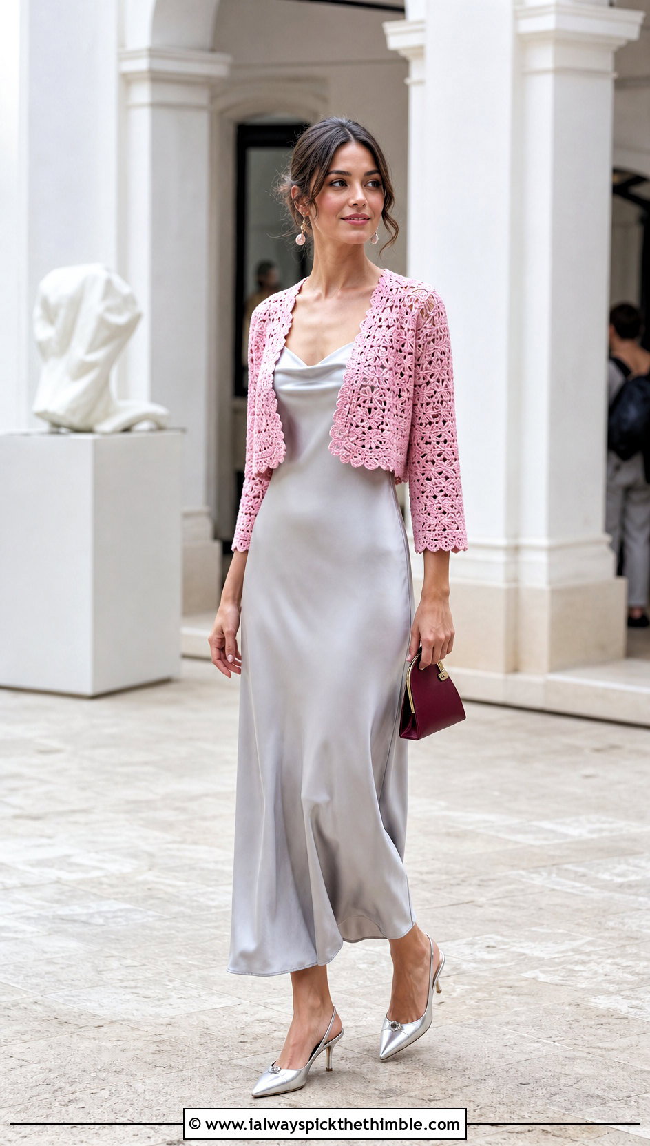 Cropped Crochet Bolero Jacket With Satin Slip Dress - 20 crochet jacket for women outfit ideas