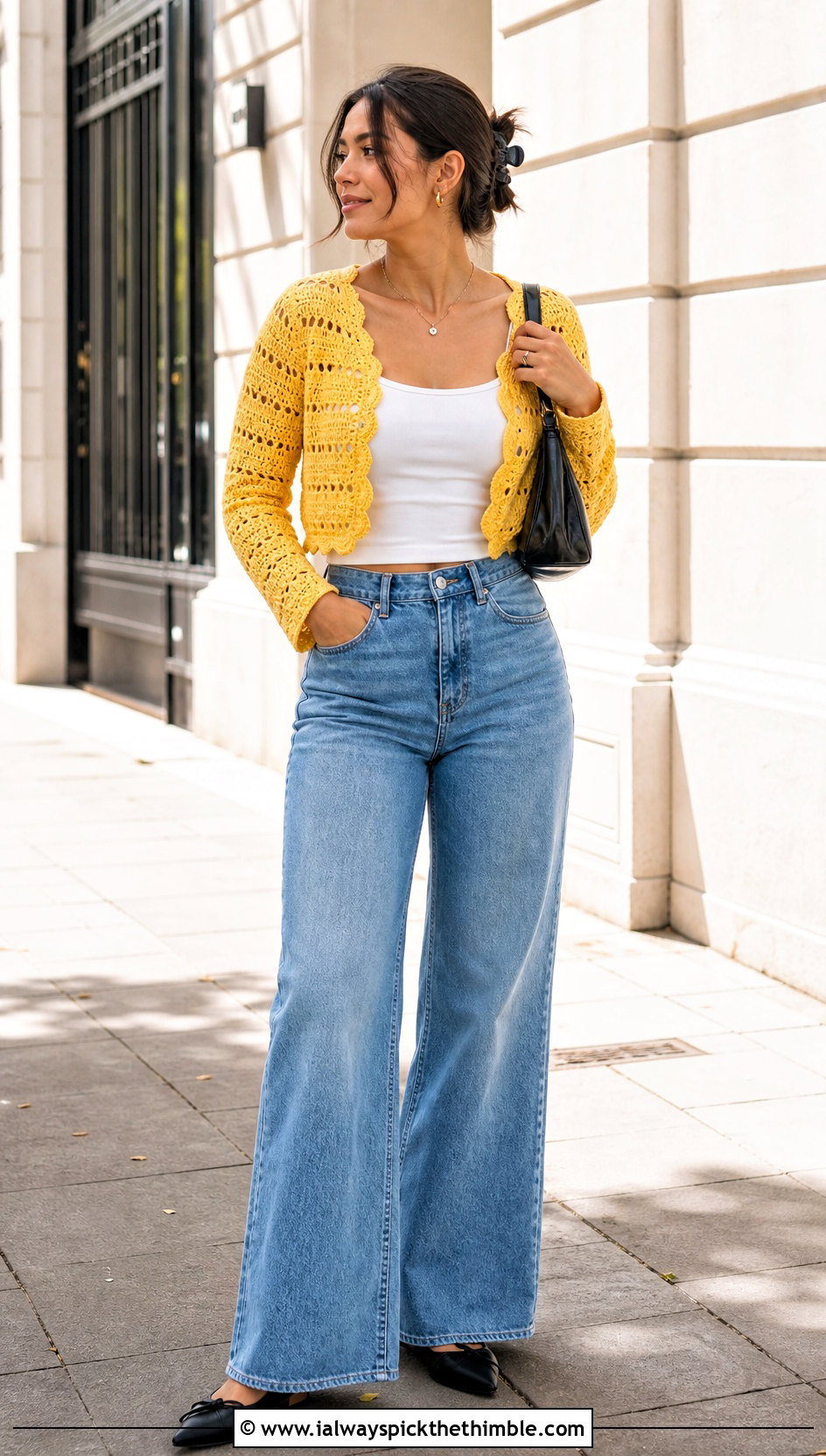Cropped Crochet Bolero Jacket With Wide Leg Jeans - 25 crocheted jacket outfit ideas