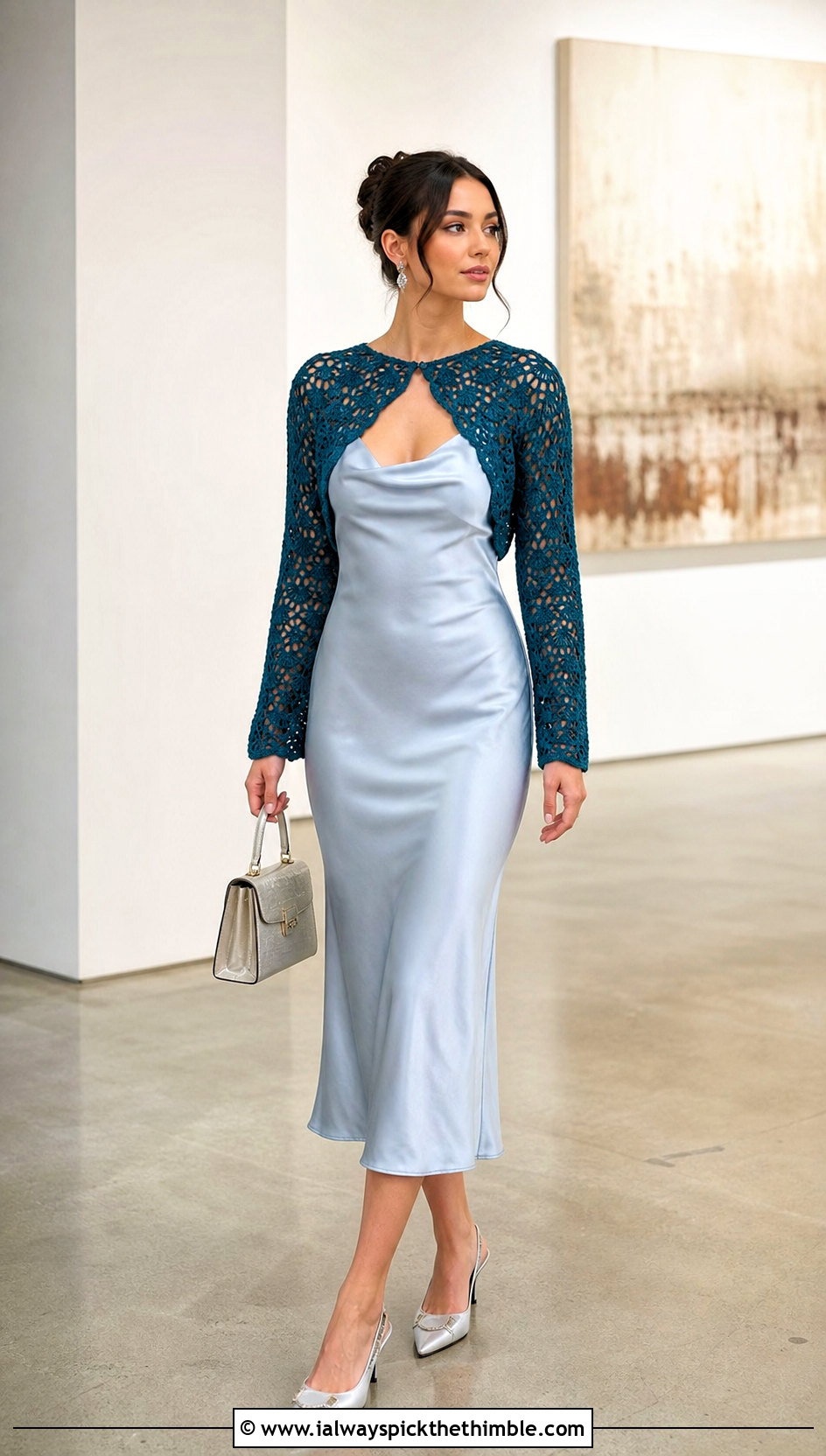 Cropped Crochet Bolero With Satin Slip Dress - 20 easy simple crochet shrug outfit ideas