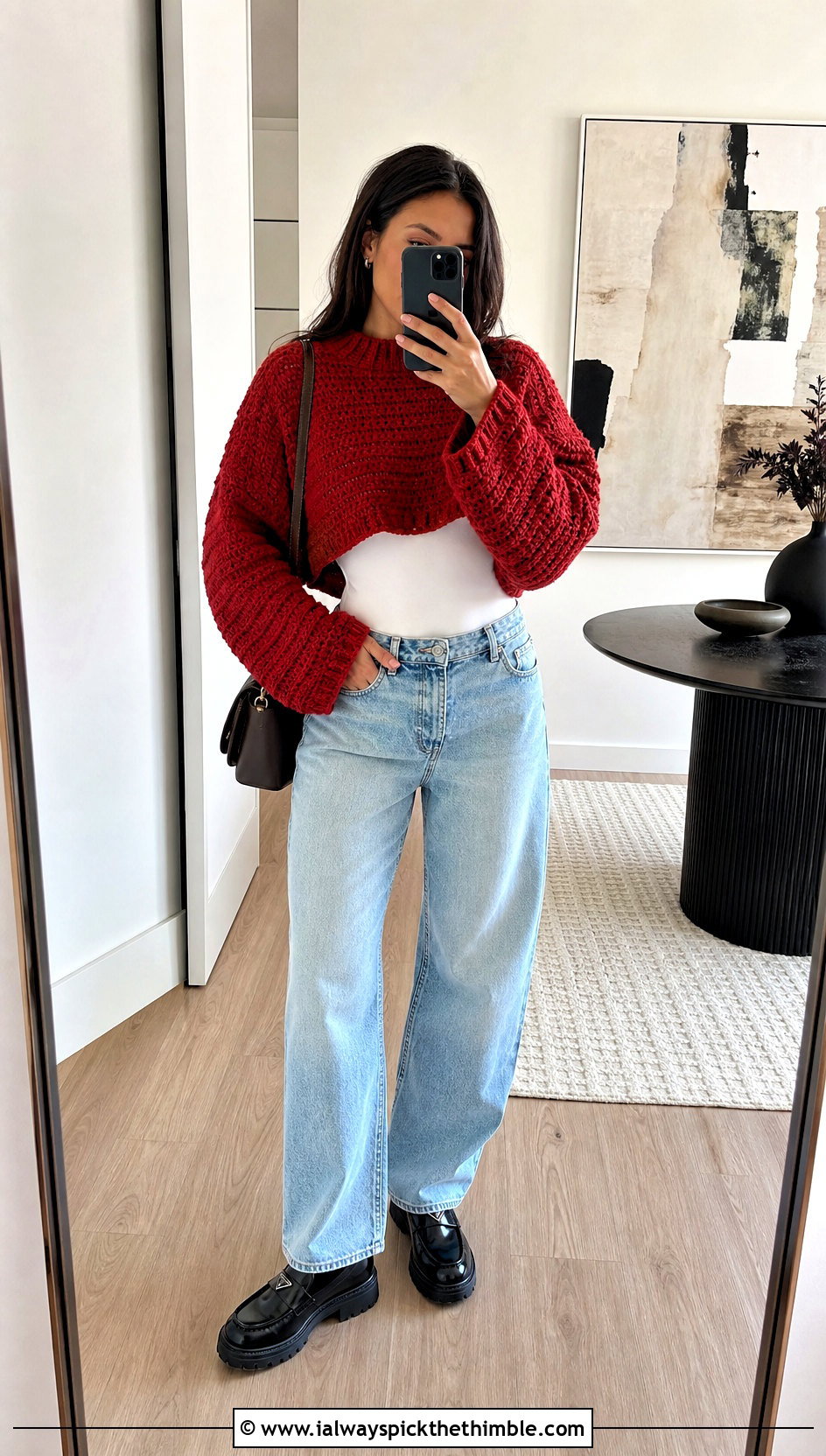 Cropped Crochet Boyfriend Sweater With High Waisted Jeans - 20 crochet boyfriend sweater outfit ideas