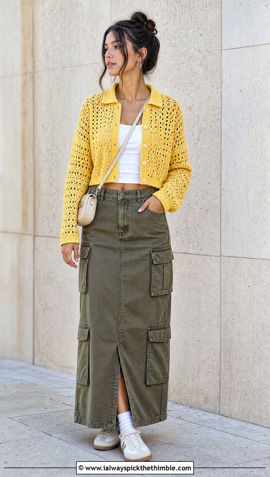 Cropped Crochet Button Down Shirt With Cargo Maxi Skirt - 20 crochet button down shirt outfit ideas