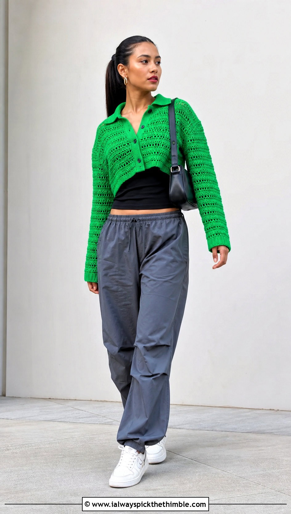 Cropped Crochet Button Up Shirt With Parachute Pants - 25 crochet shirts outfit ideas