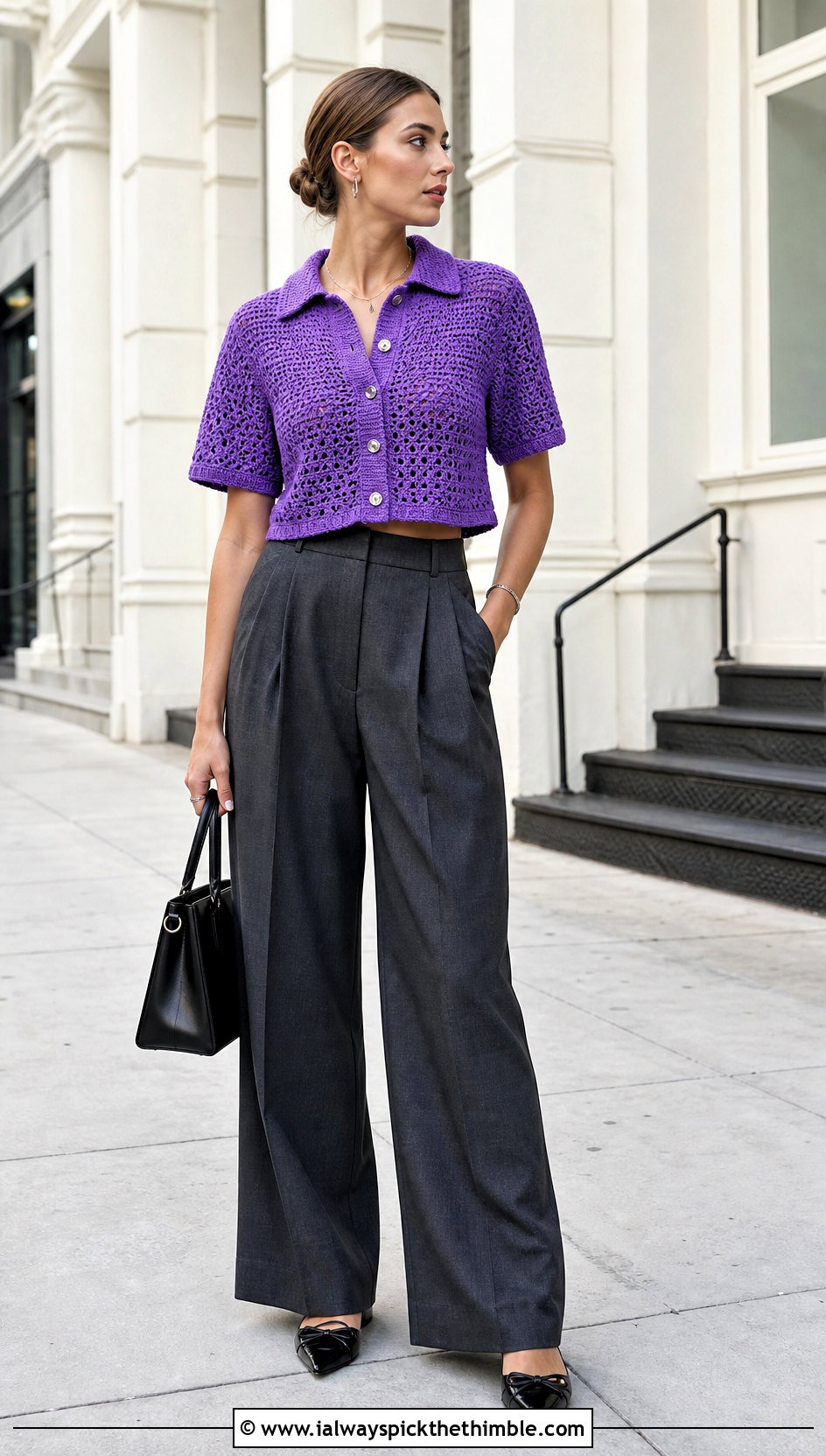 Cropped Crochet Button Up Shirt With Wide Leg Trousers - 25 crochet button up shirt outfit ideas