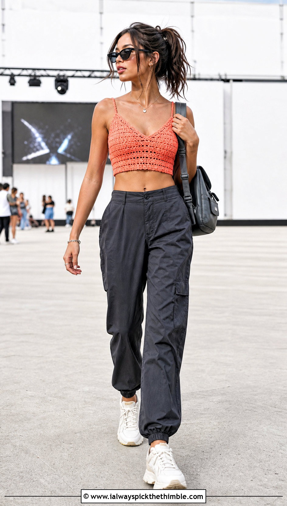 Cropped Crochet Cami Top With Parachute Pants - 20 crochet cami top outfit ideas